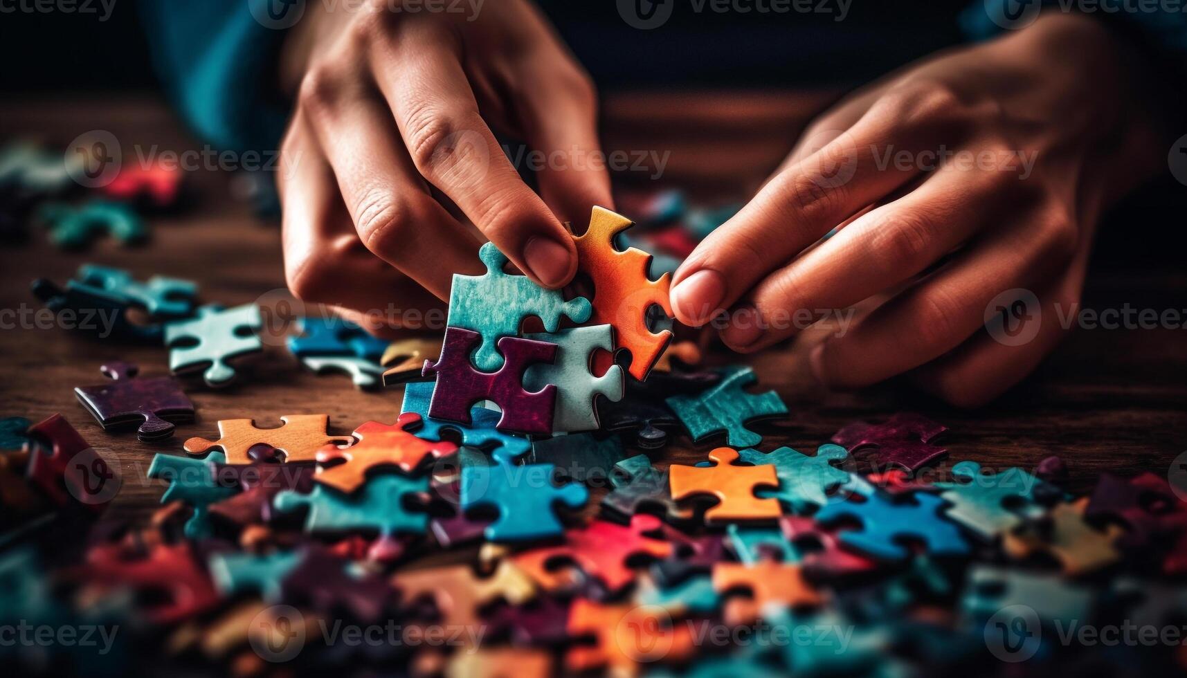 Teamwork and creativity lead to success in business strategy puzzle generated by AI photo