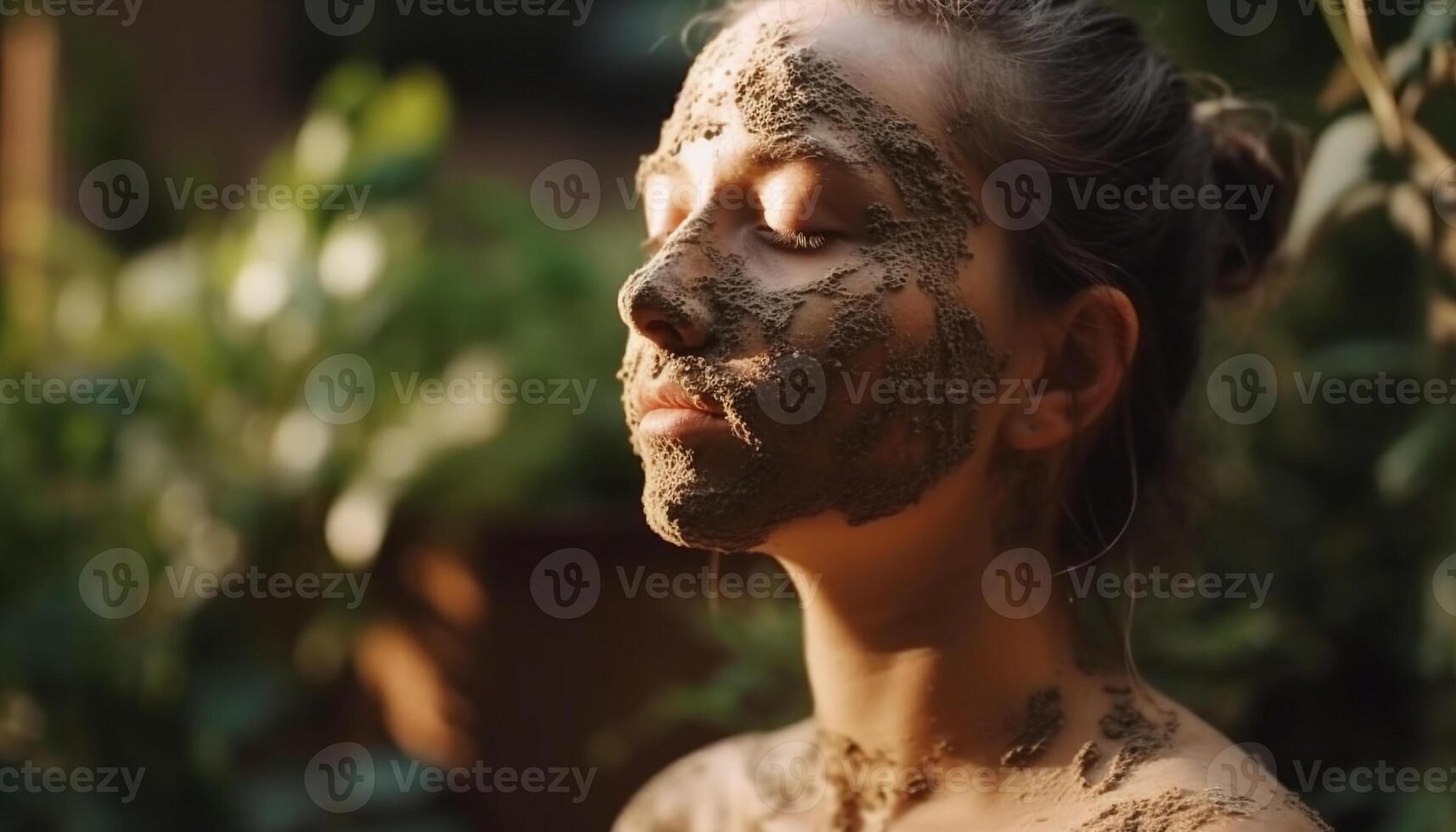 One young woman enjoys serene pampering in nature beauty generated by AI photo