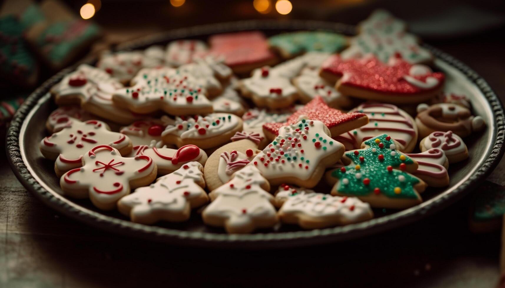 Homemade gingerbread cookies with icing, candy, and snowflake decorations generated by AI photo