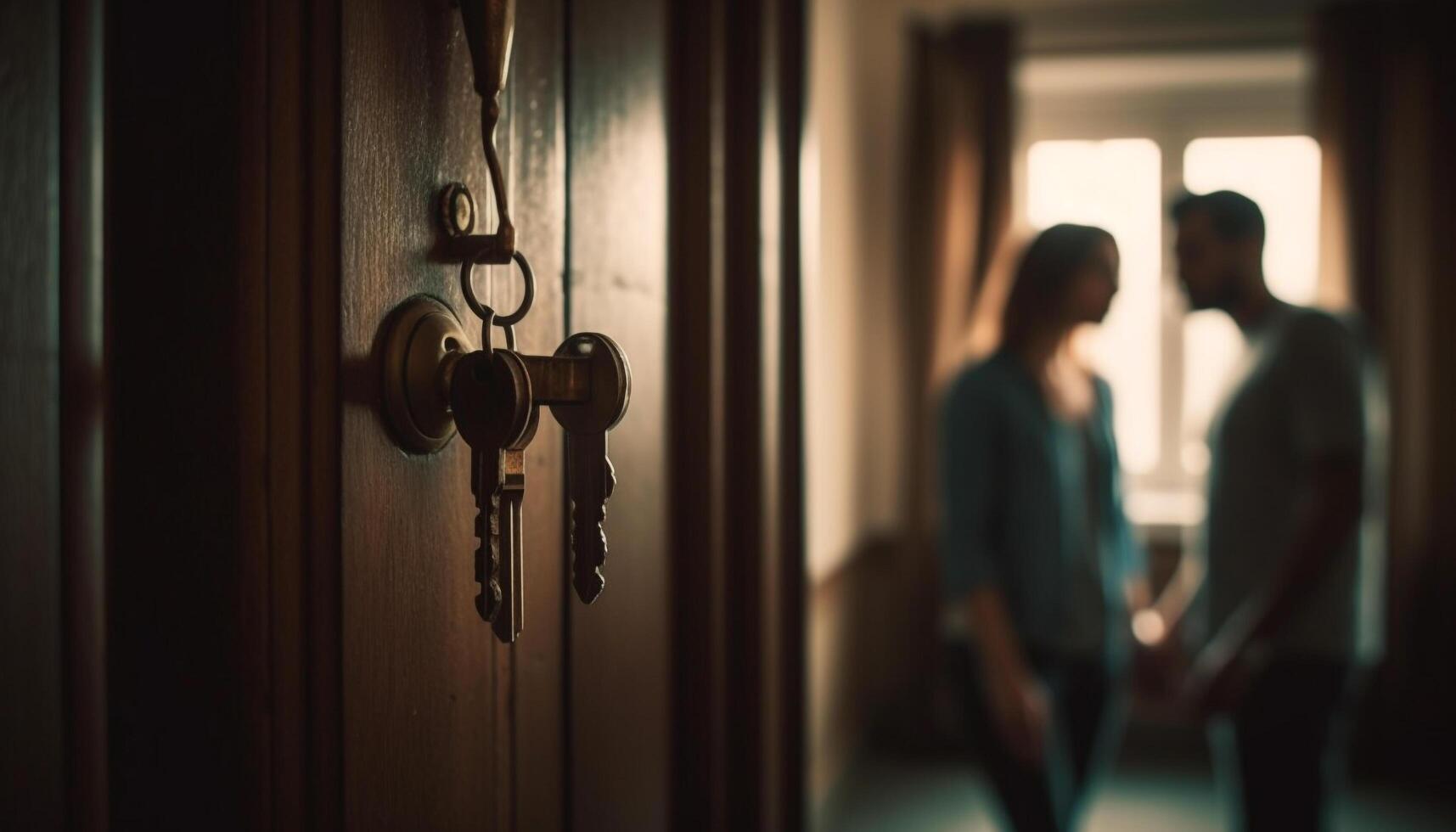 Successful businessman and elegant woman standing in modern office doorway generated by AI photo