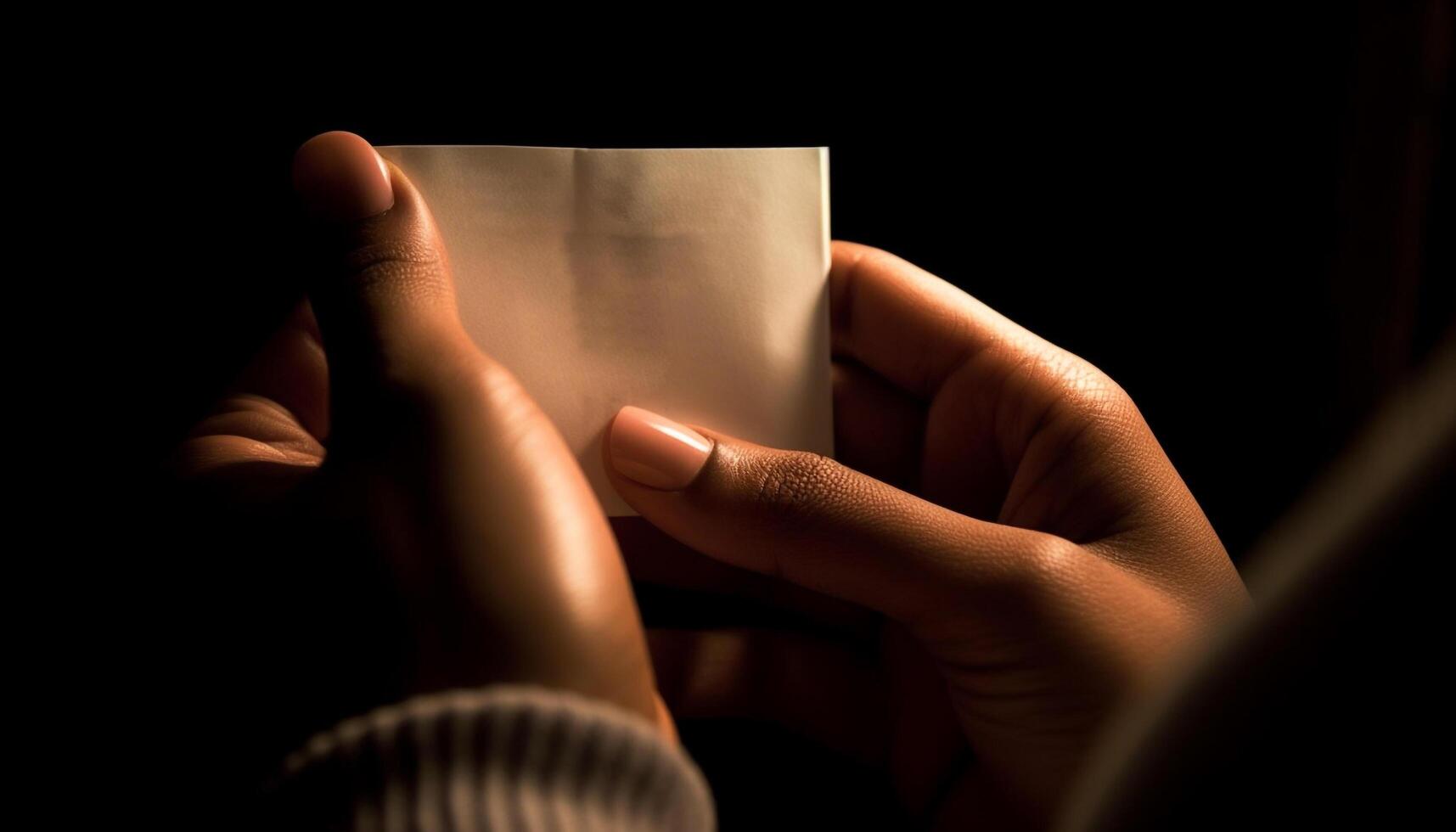 Manicured fingernail holding document, reading ideas for relaxation and hygiene generated by AI photo