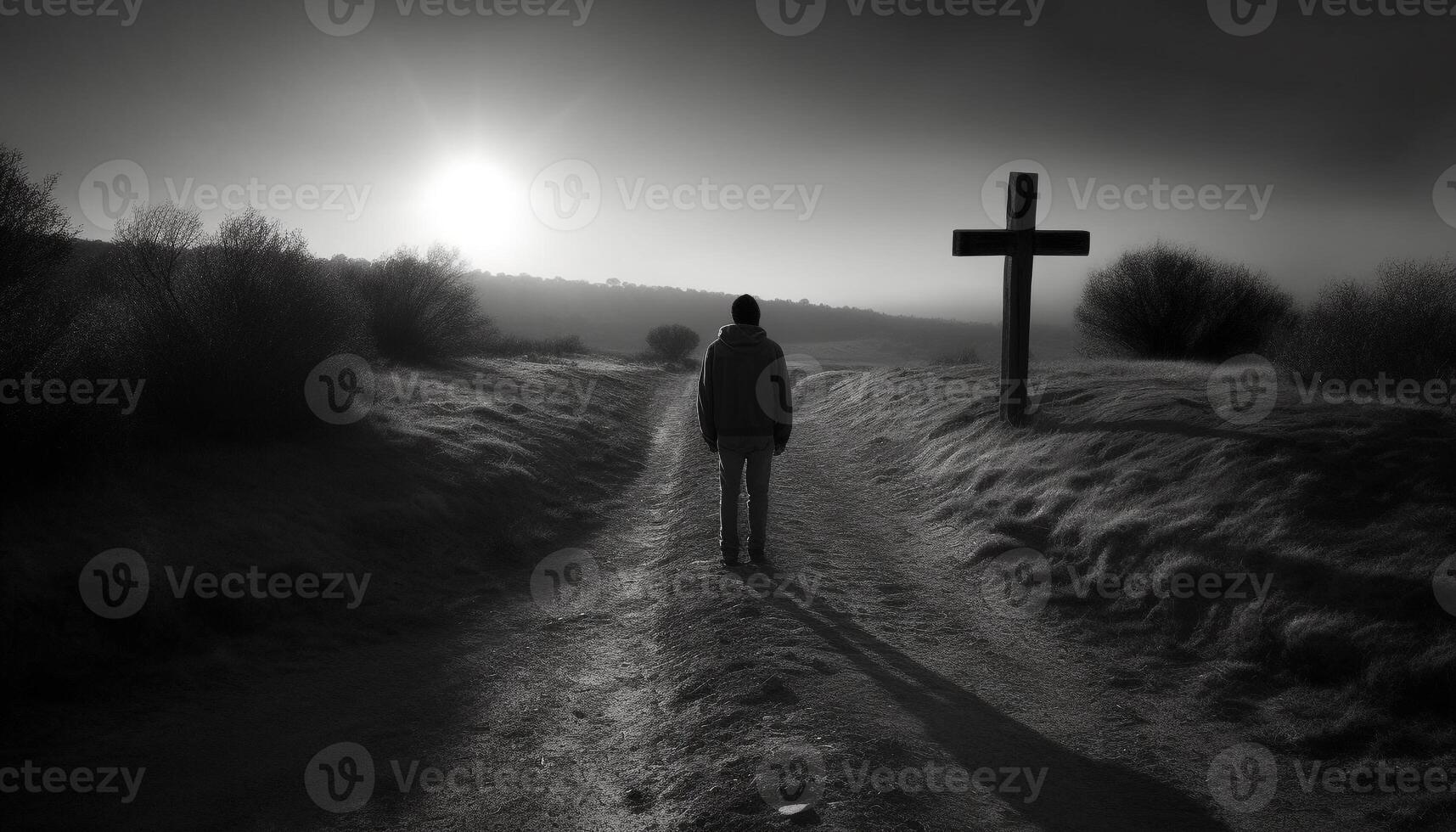 uno persona caminando en naturaleza, silueta de cruzar simboliza espiritualidad generado por ai foto