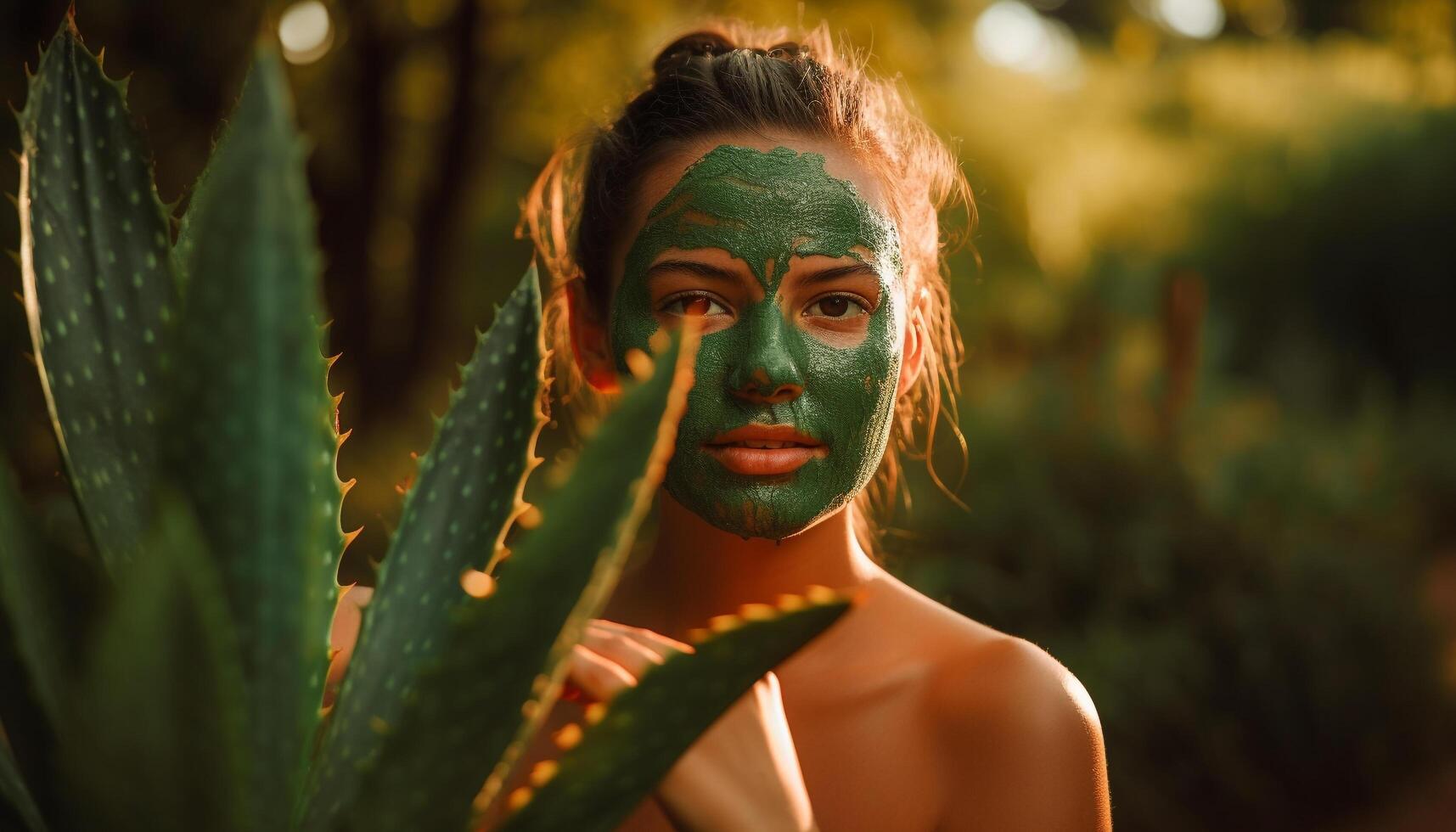 Smiling beauty model enjoys clay exfoliation at nature spa day generated by AI photo