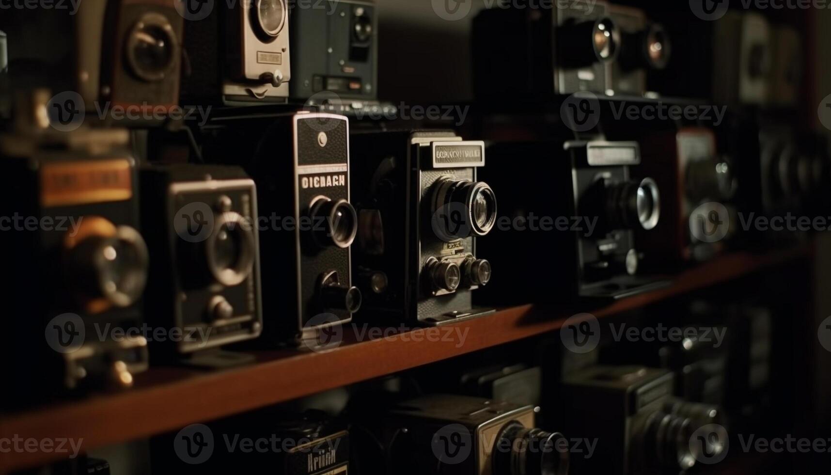 An antique camera collection, old fashioned photographic equipment in selective focus generated by AI photo