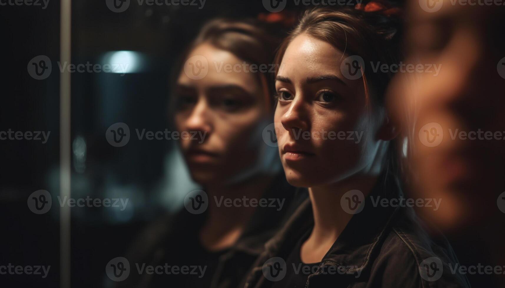 At camera, selective focus, outdoors Two smiling females looking at camera in outdoor setting generated by AI photo