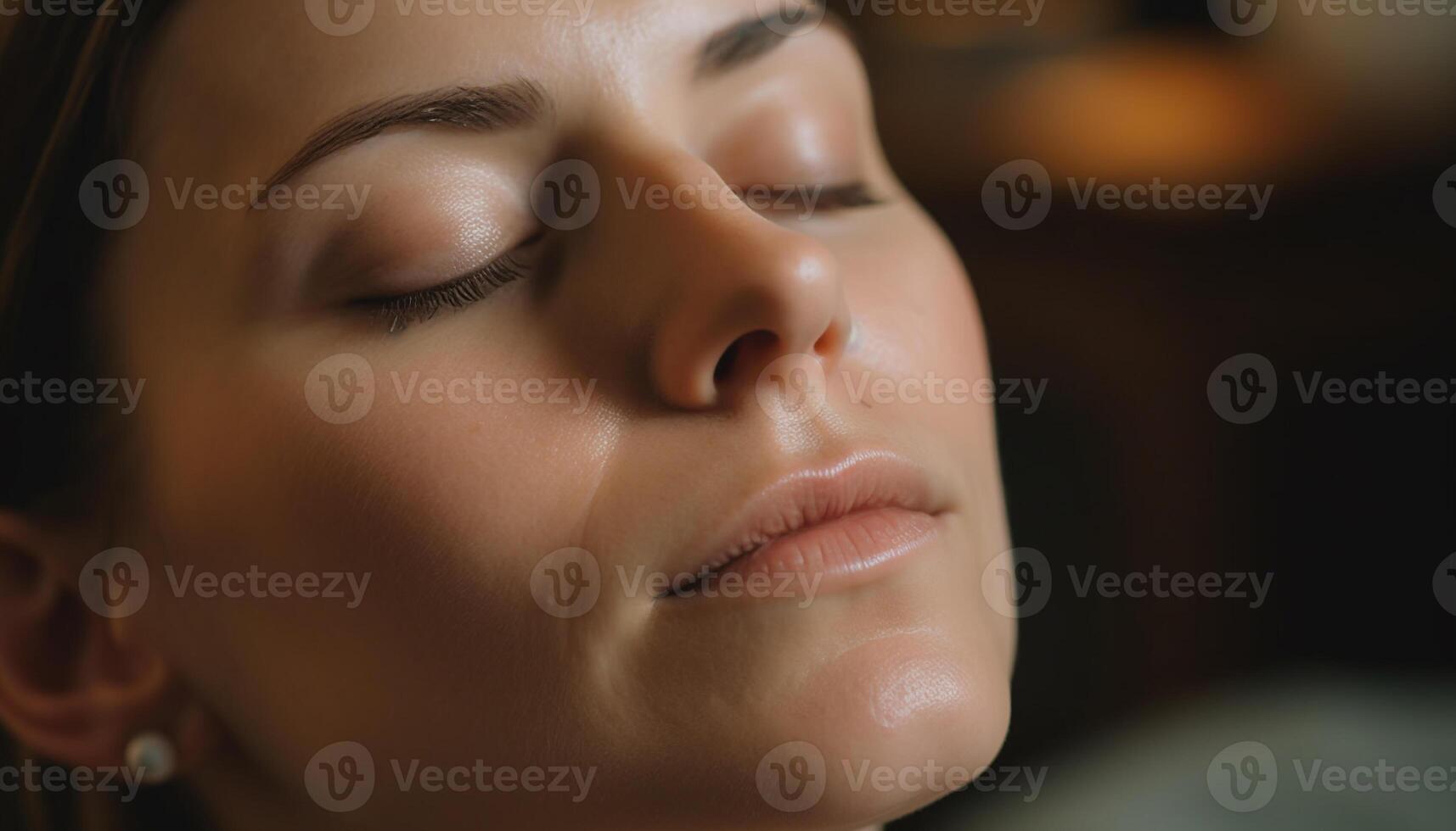 Beautiful young woman with closed eyes, serene and relaxed indoors generated by AI photo