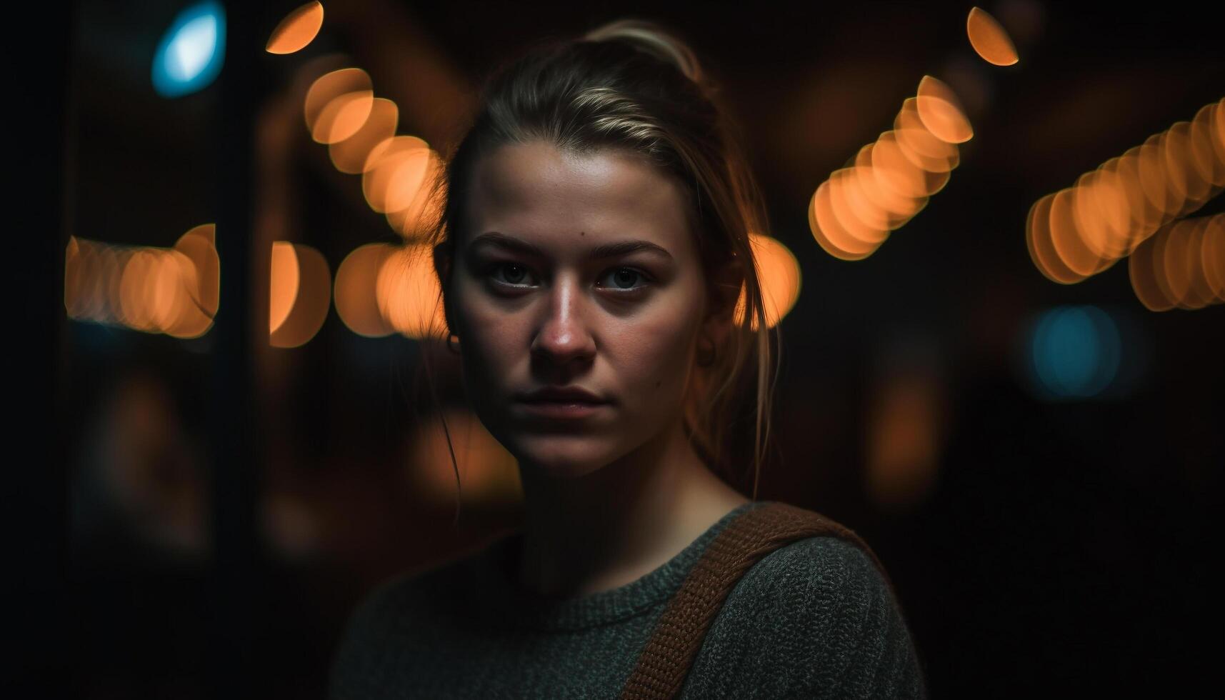 Confident young woman enjoys city nightlife under Christmas lights generated by AI photo