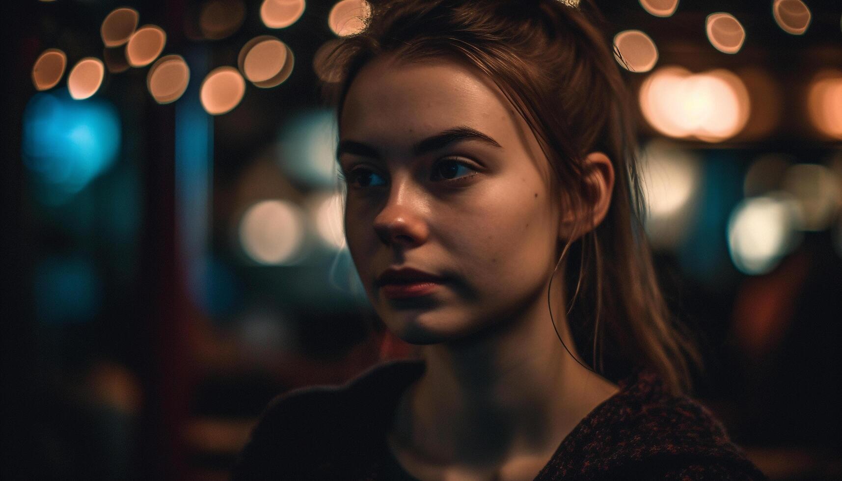 One young woman, illuminated by street light, smiling at camera generated by AI photo