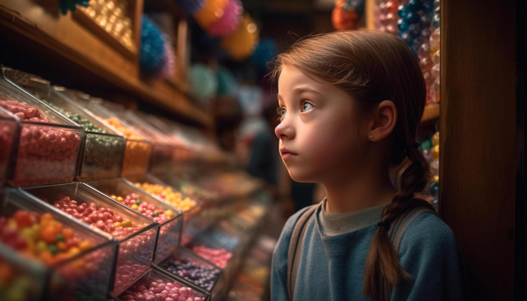 One cute girl picking fresh fruit, enjoying healthy supermarket shopping generated by AI photo