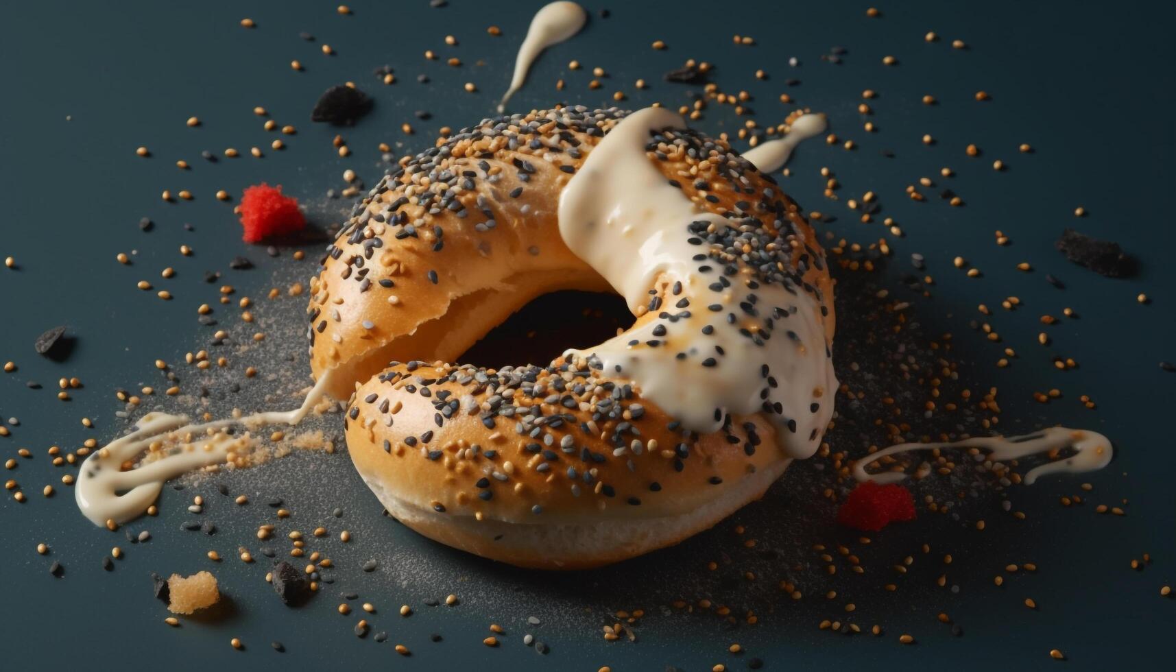 A close up of gourmet donuts with chocolate icing and sesame seeds generated by AI photo