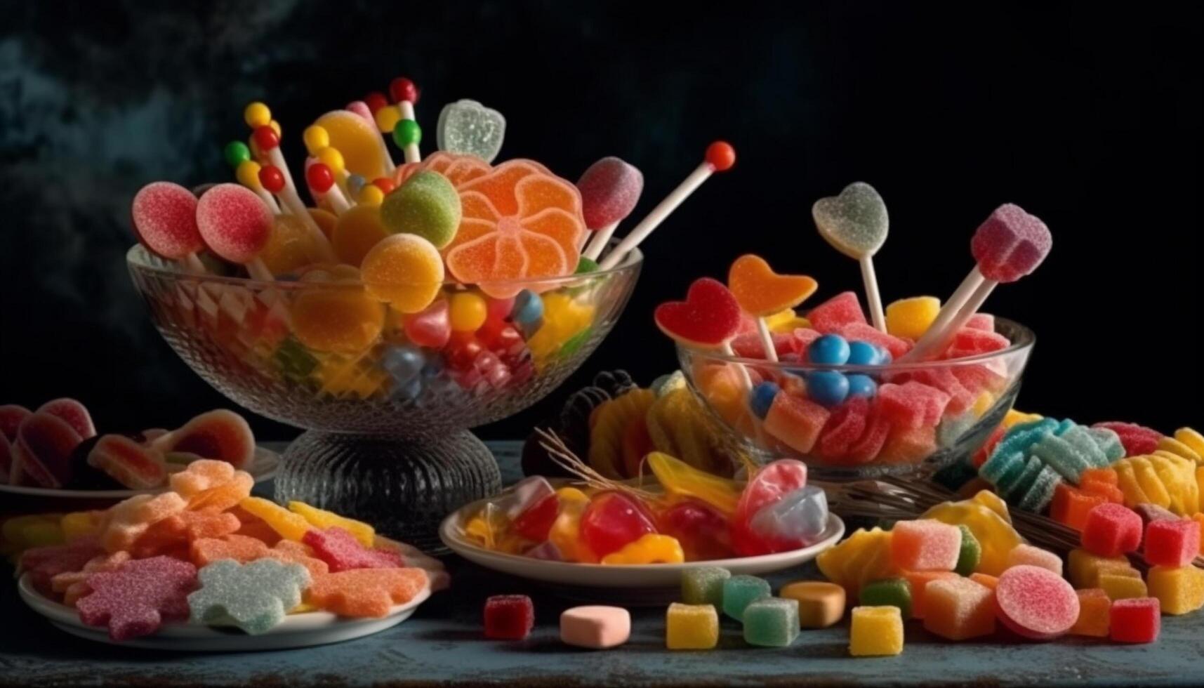 A vibrant heap of candy gum drops, gummy worms, jellybeans generated by AI photo