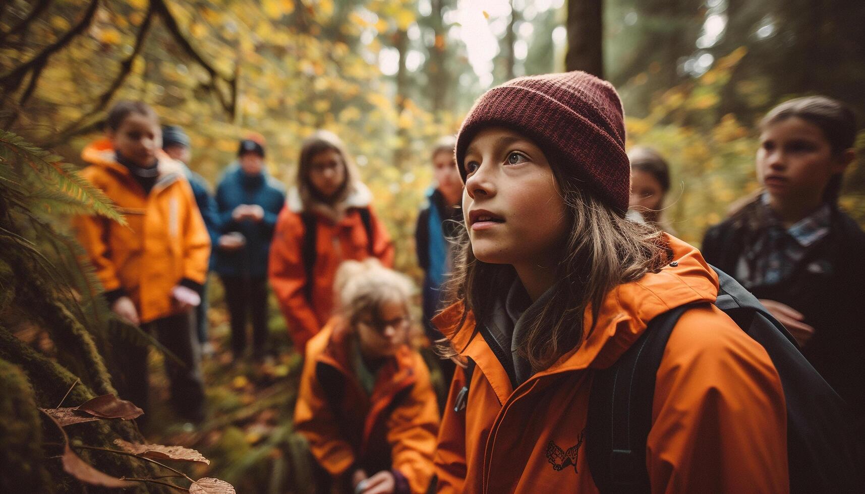 A group of friends hiking in the autumn forest together generated by AI photo