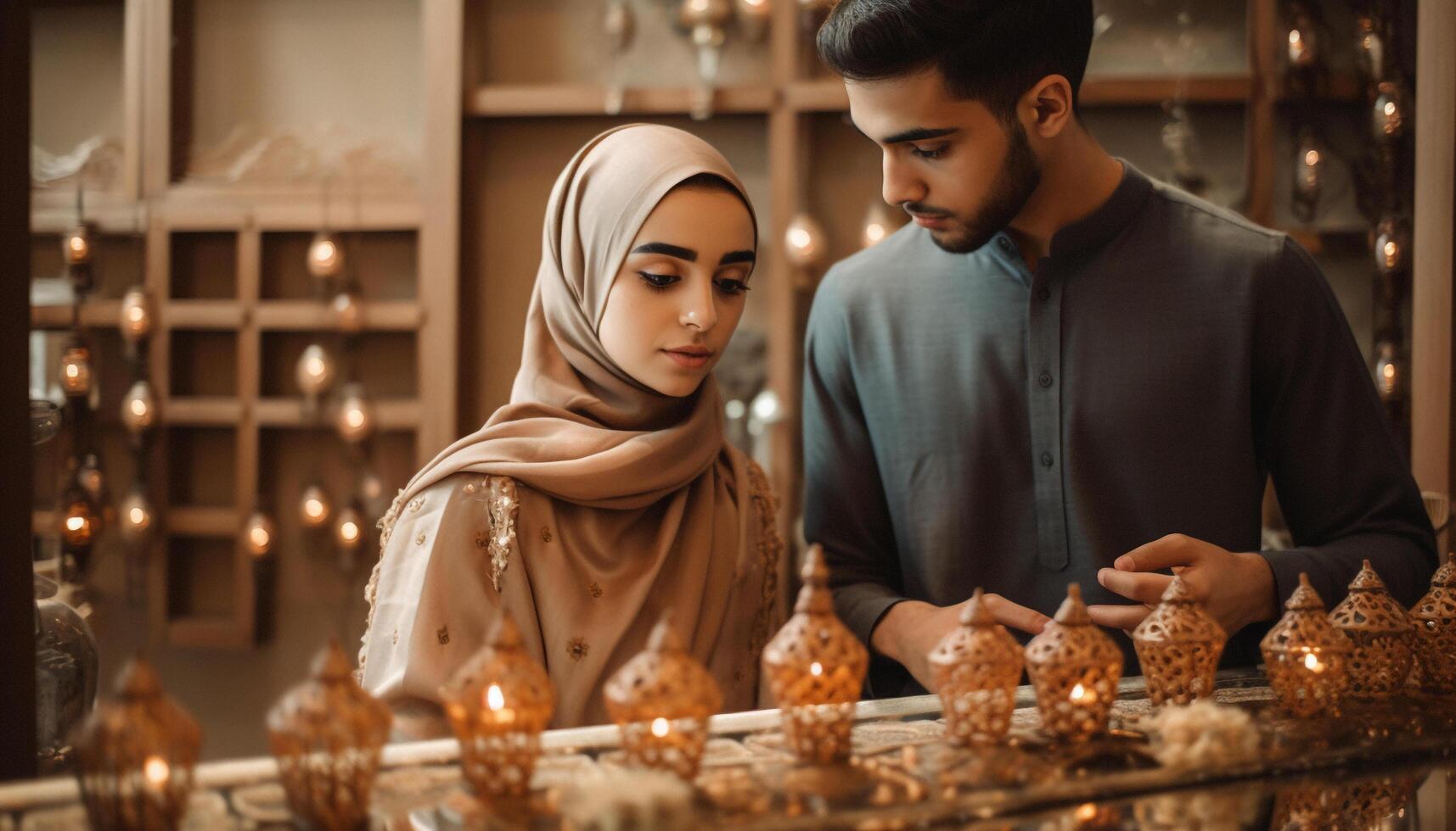 A married couple in traditional clothing celebrate pottery workshop success generated by AI photo