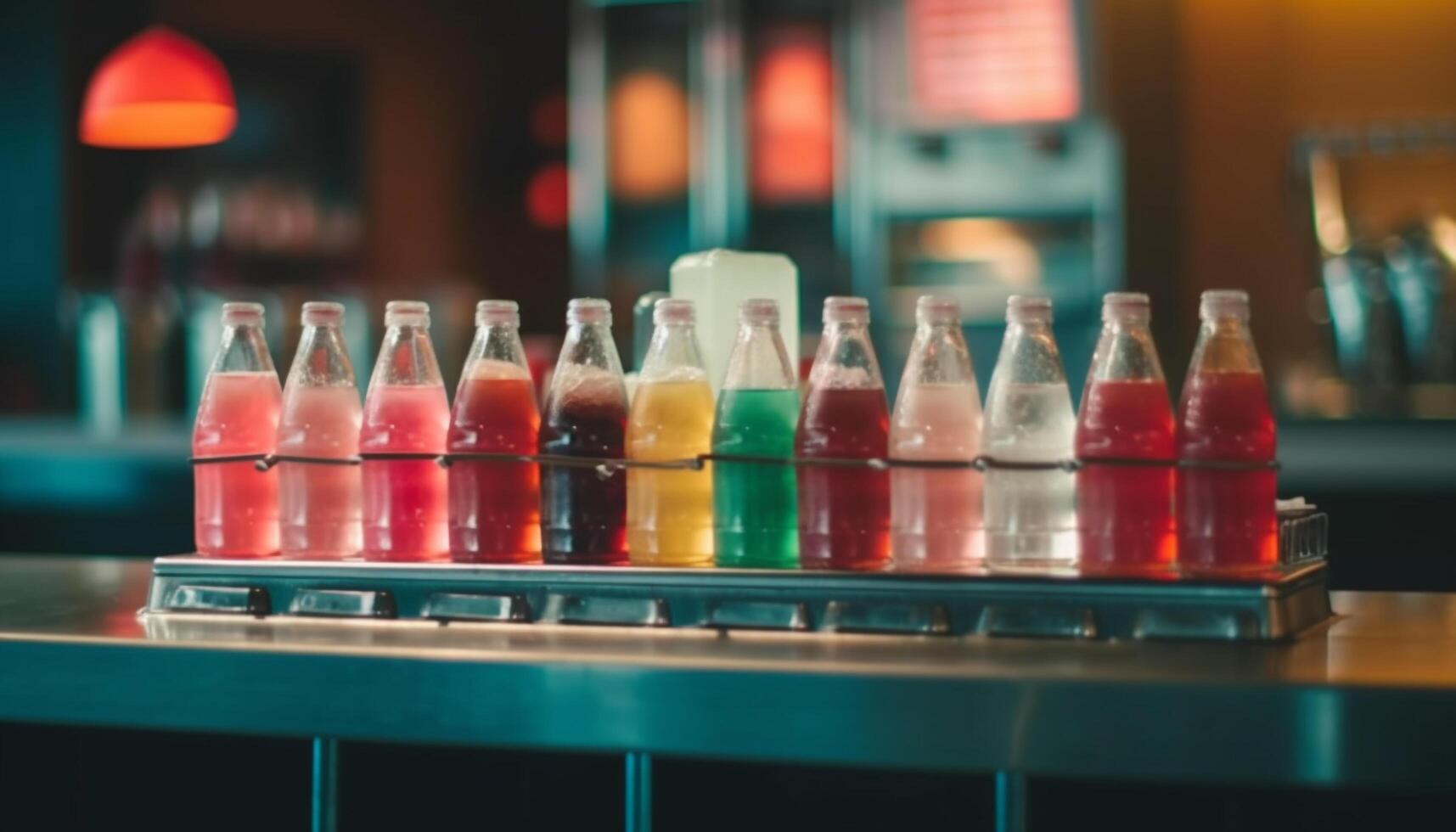 Scientific experiment in a row, illuminated equipment reflects multi colored liquid generated by AI photo