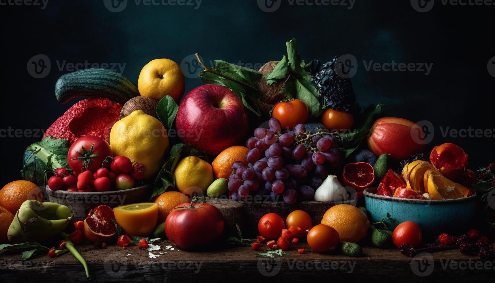 Fresh organic fruits and vegetables in a colorful autumn basket generated by AI photo