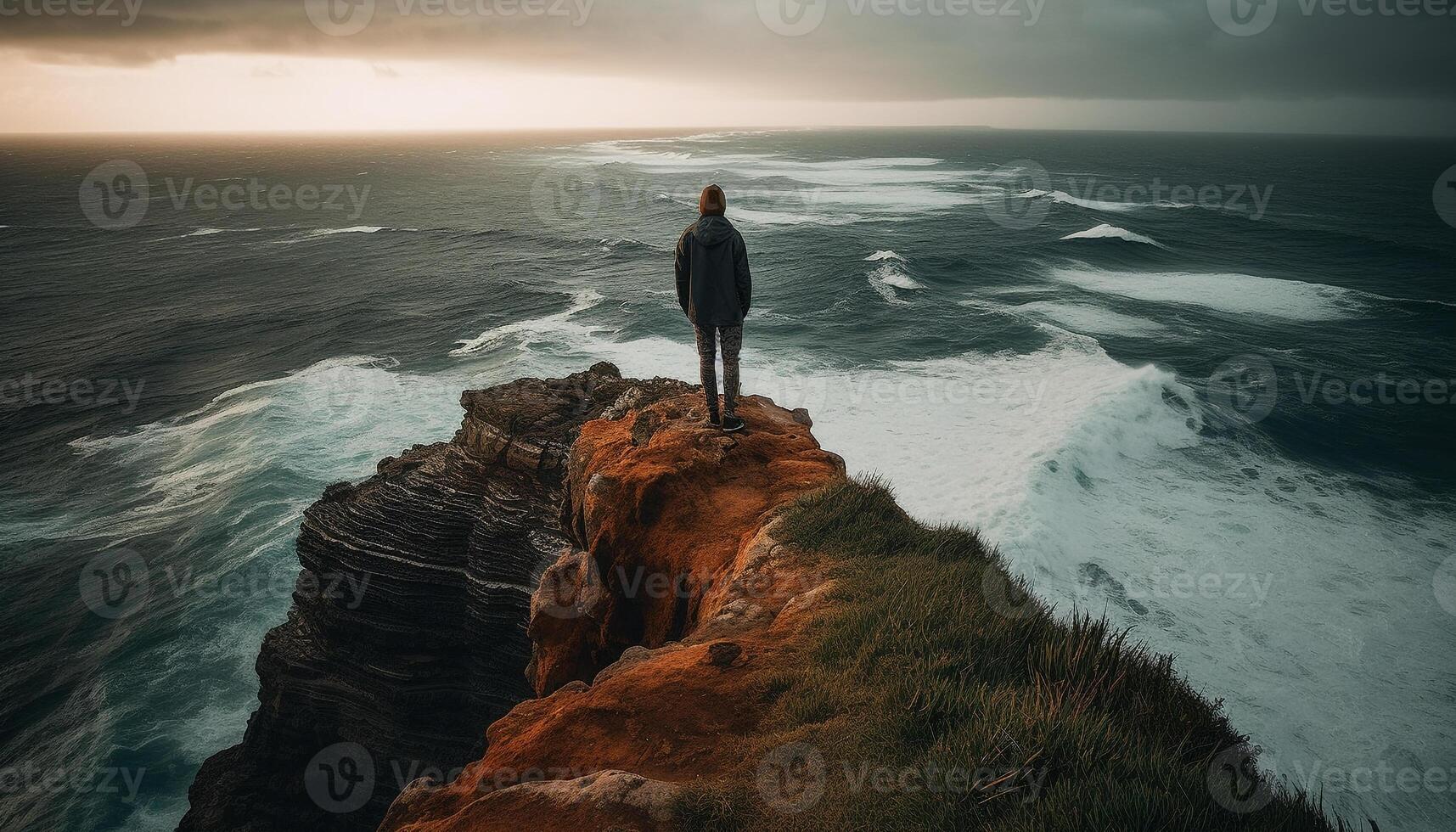 The confident businessman stands on the cliff, conquering adversity generated by AI photo