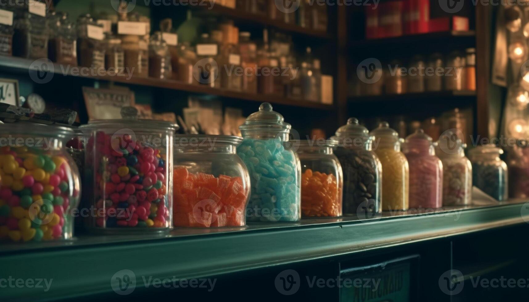 A bright, multi colored candy jar on a shelf in a store generated by AI photo