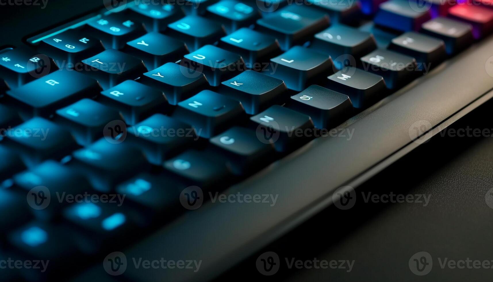 moderno computadora teclado ilumina oscuro oficina con inalámbrico tecnología generado por ai foto