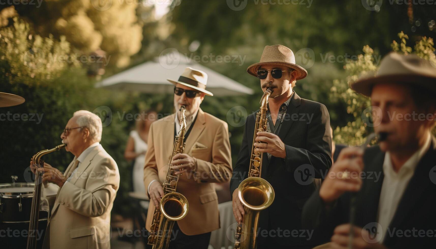 Senior men playing brass instruments at summer blues music festival generated by AI photo