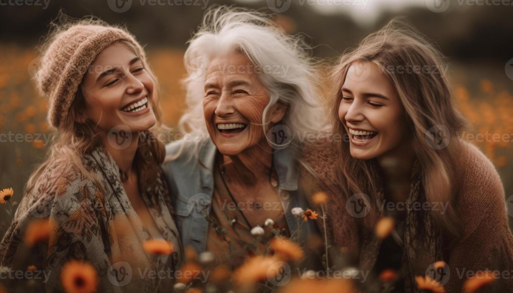 Carefree group of three friends bond over autumn leisure activities