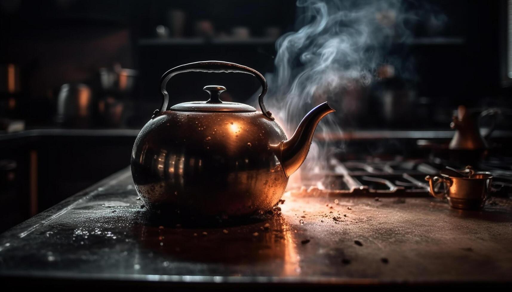 Old fashioned teapot pours hot liquid into antique earthenware cup generated by AI photo