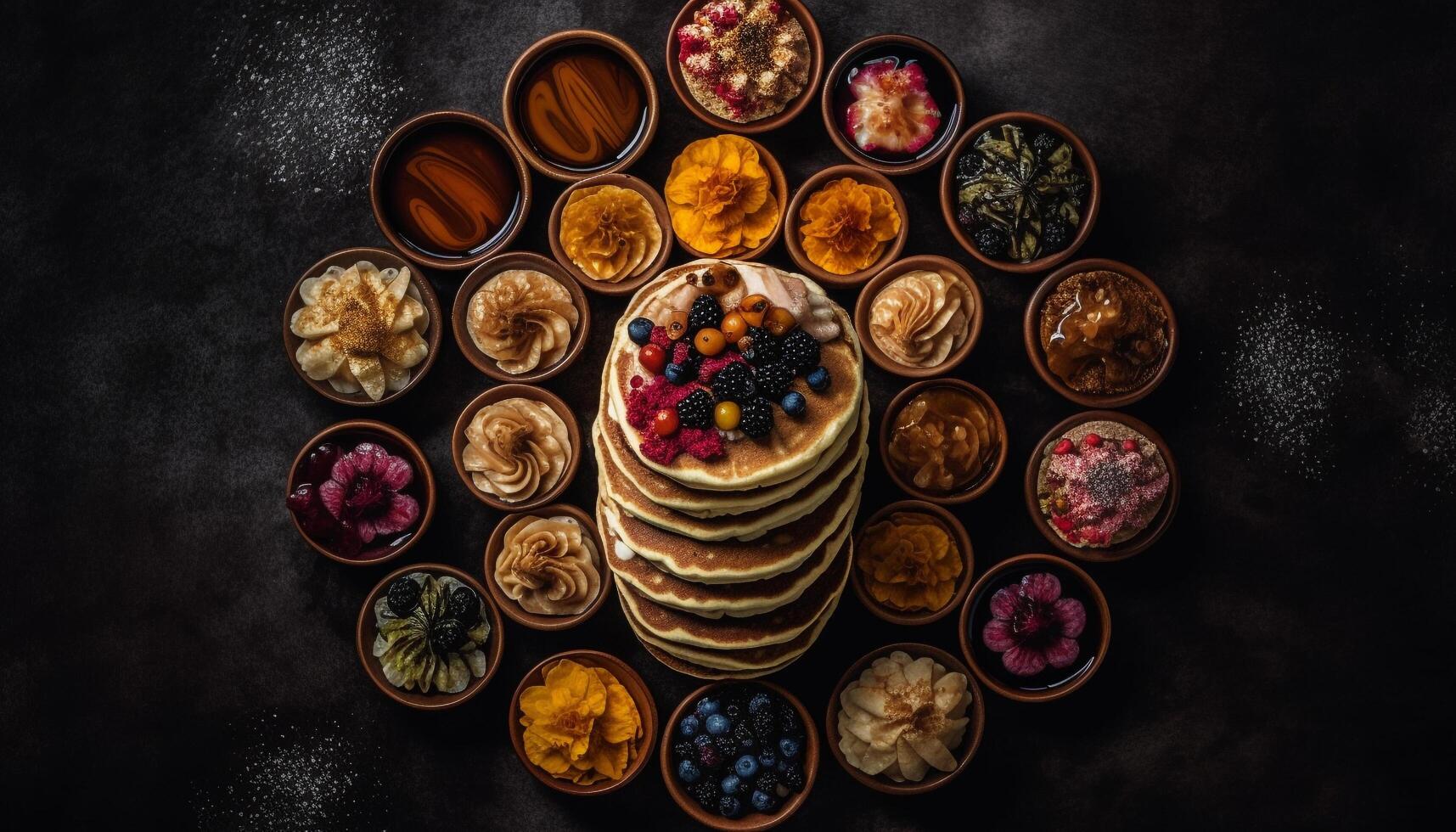 A rustic table with an abundance of healthy, organic snacks generated by AI photo