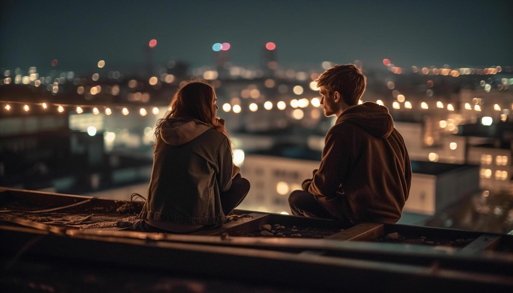 A young couple embraces, smiling, enjoying city life at dusk generated by AI photo