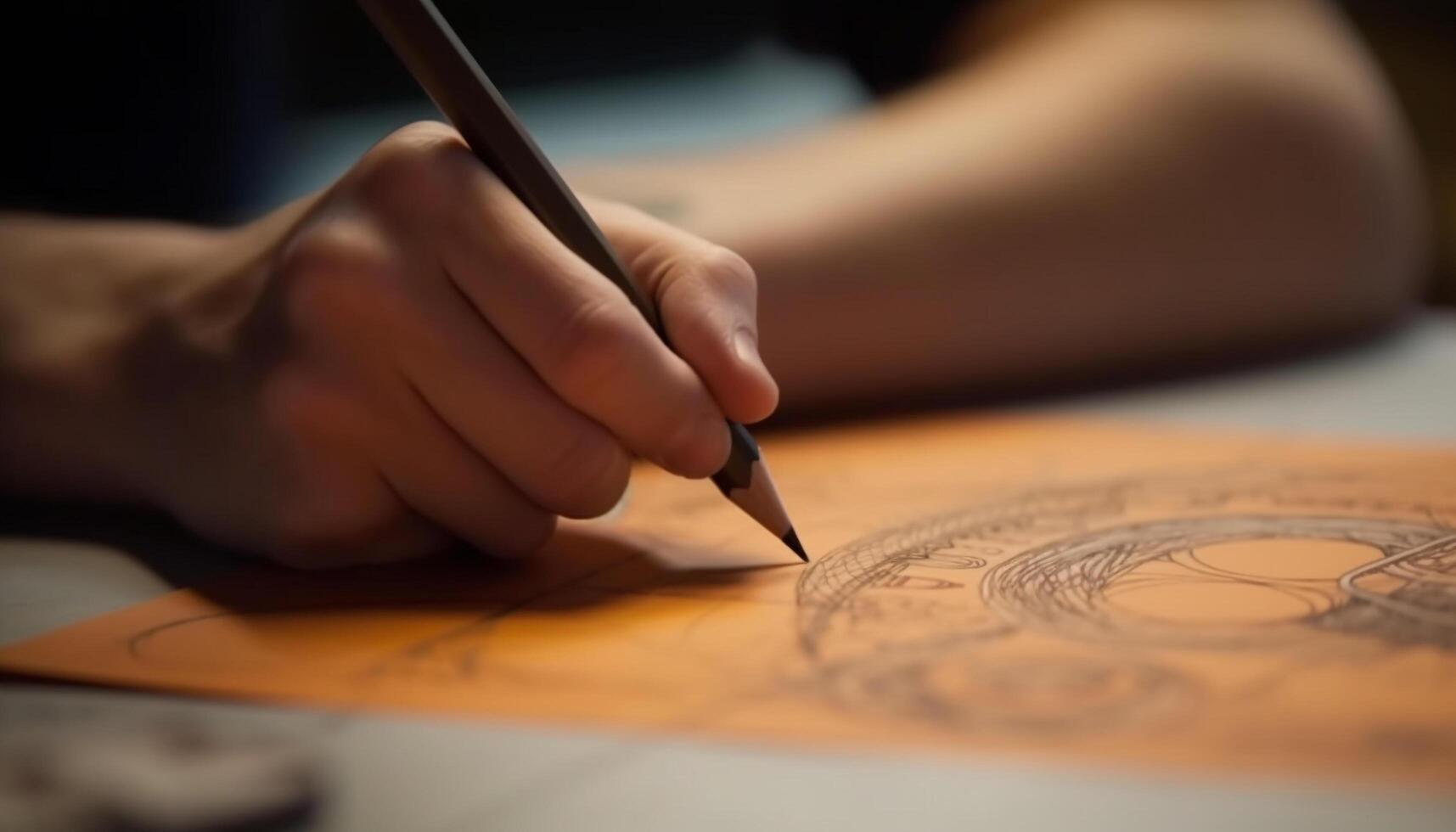 un joven adulto diseñador participación un lápiz bosquejo en taller generado por ai foto