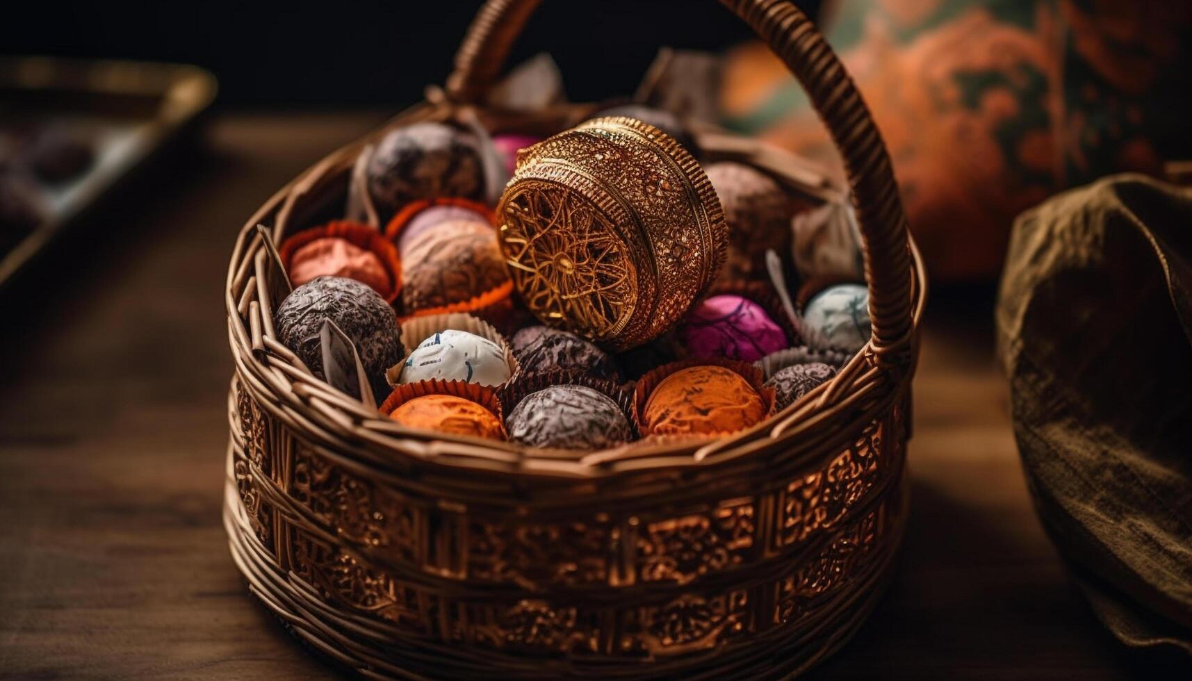 A rustic wicker basket holds a homemade souvenir collection generated by AI photo