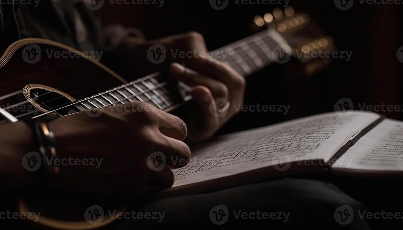 One person playing acoustic guitar, plucking strings, practicing chords generated by AI photo