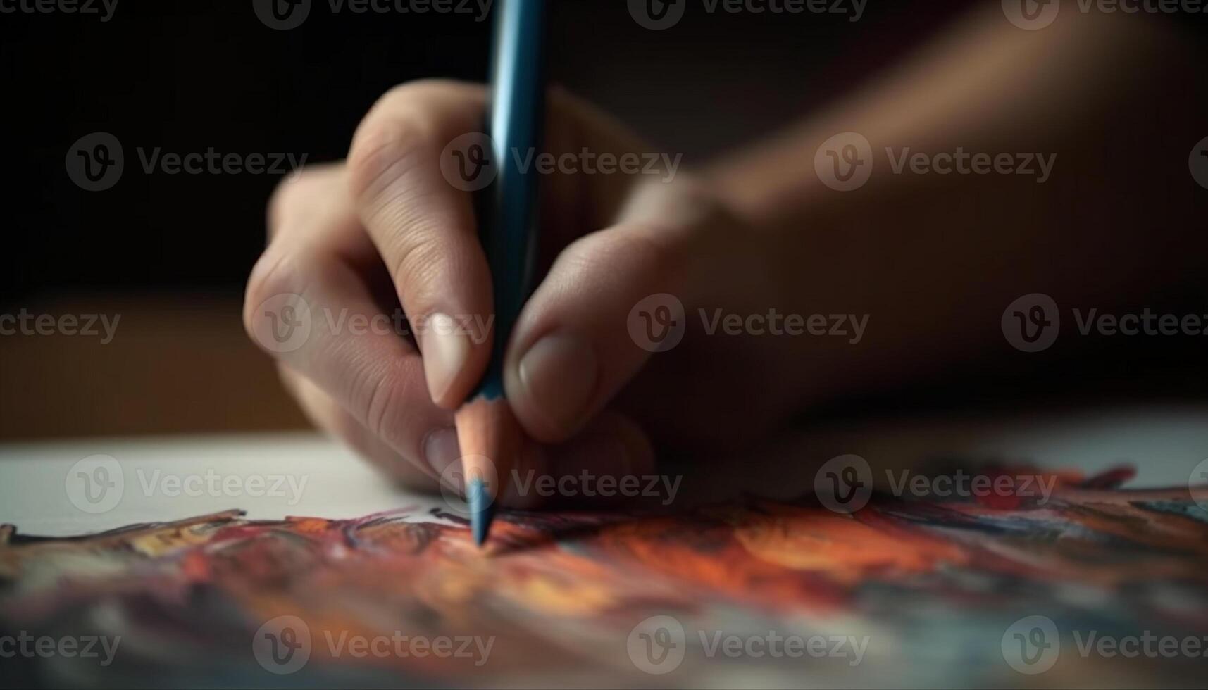 Creative artist hand holds pencil, coloring childhood imagination on paper generated by AI photo