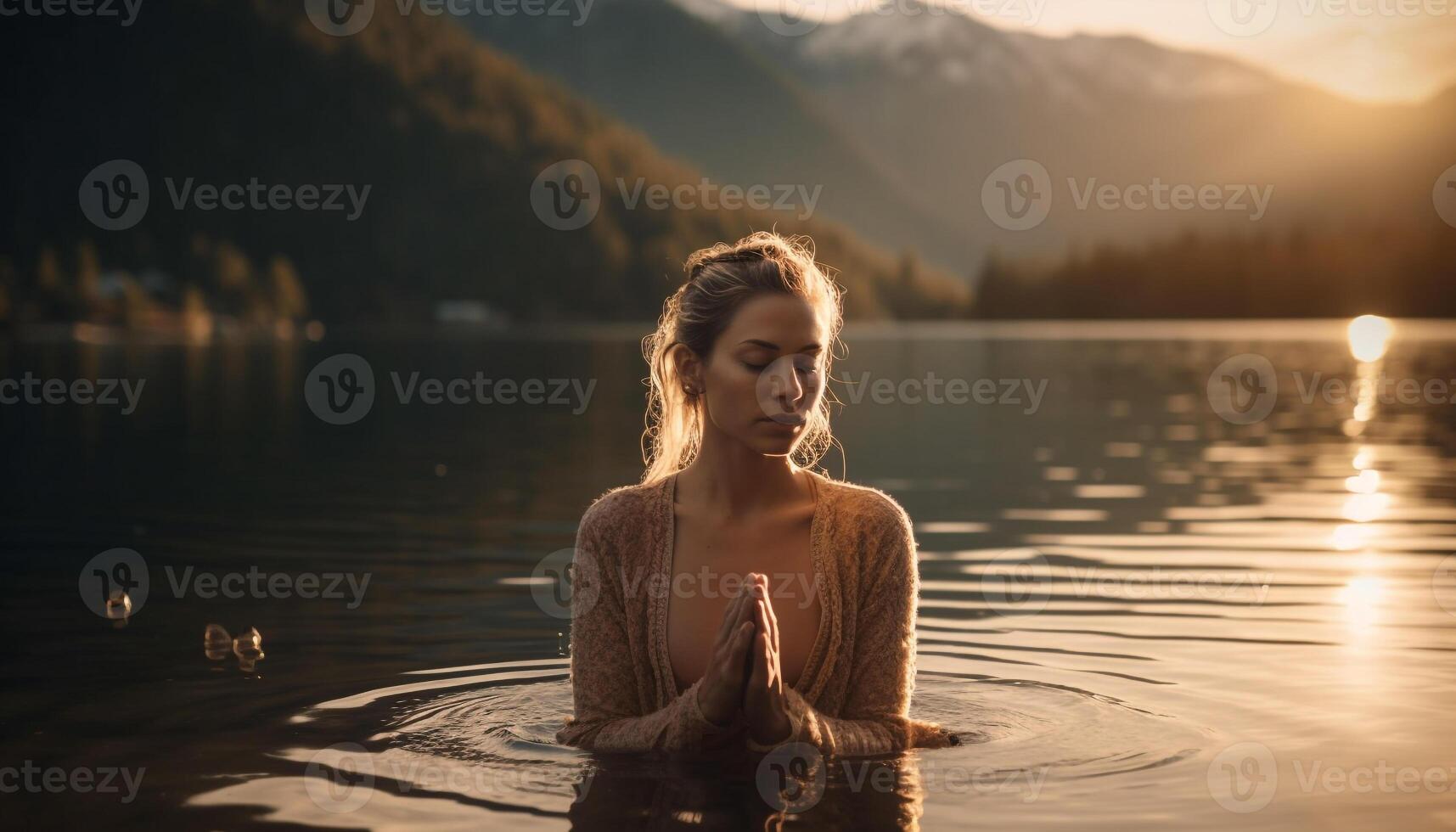 uno joven mujer meditando en sereno naturaleza, disfrutando tranquilidad y armonía generado por ai foto