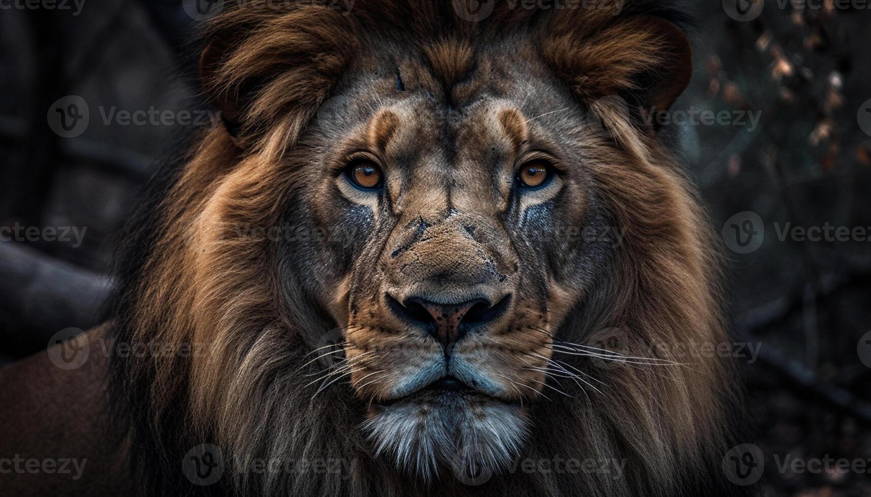 Majestic lion with large mane staring at camera in Africa generated by AI photo