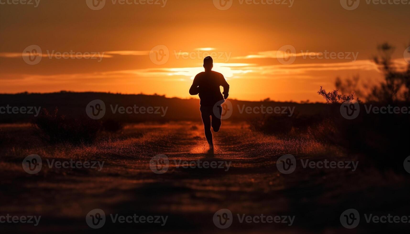 uno persona trotar a oscuridad, silueta en contra un puesta de sol cielo generado por ai foto