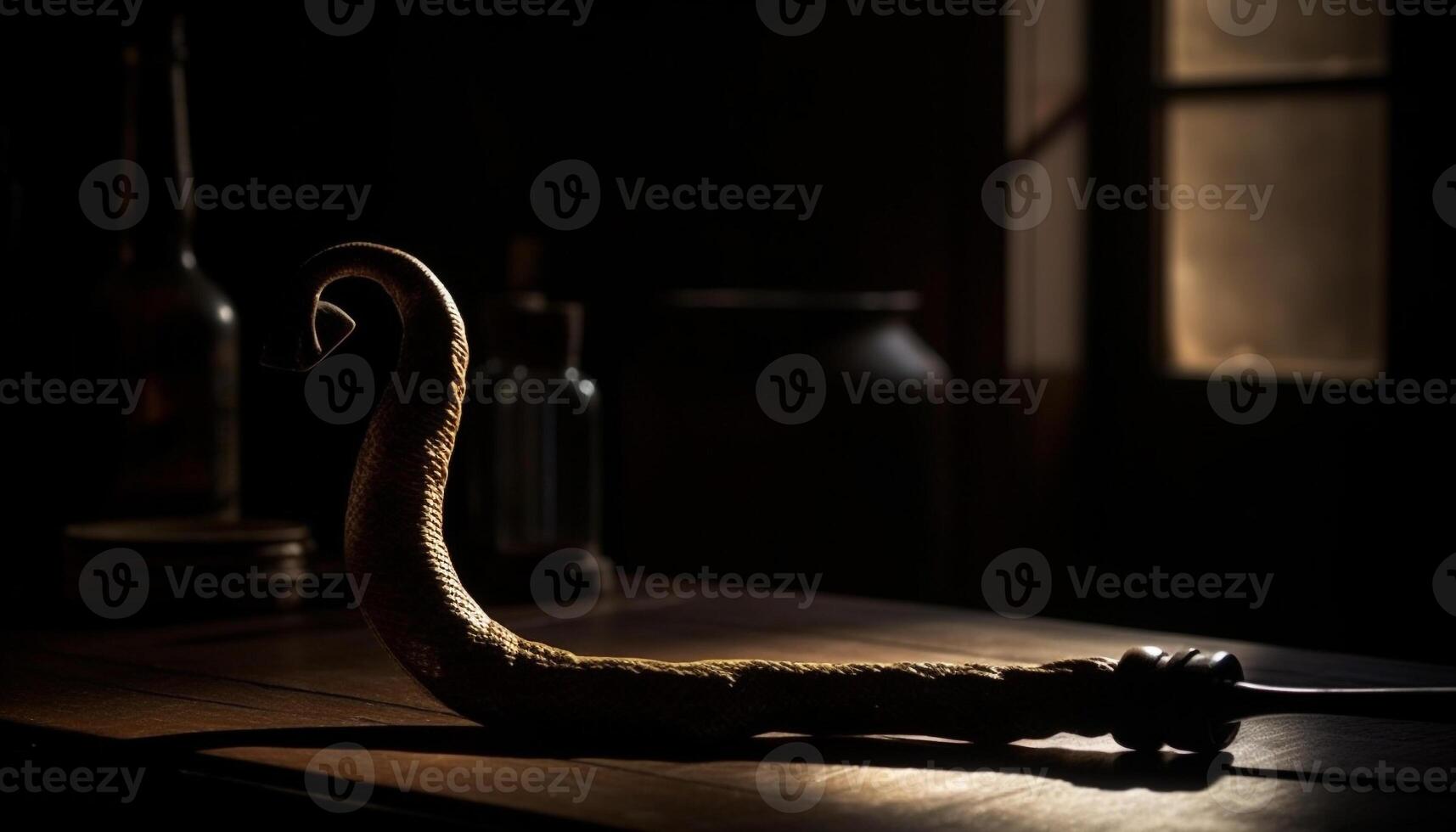 Poisonous viper coils in spooky spiral, backlit by lantern flame generated by AI photo