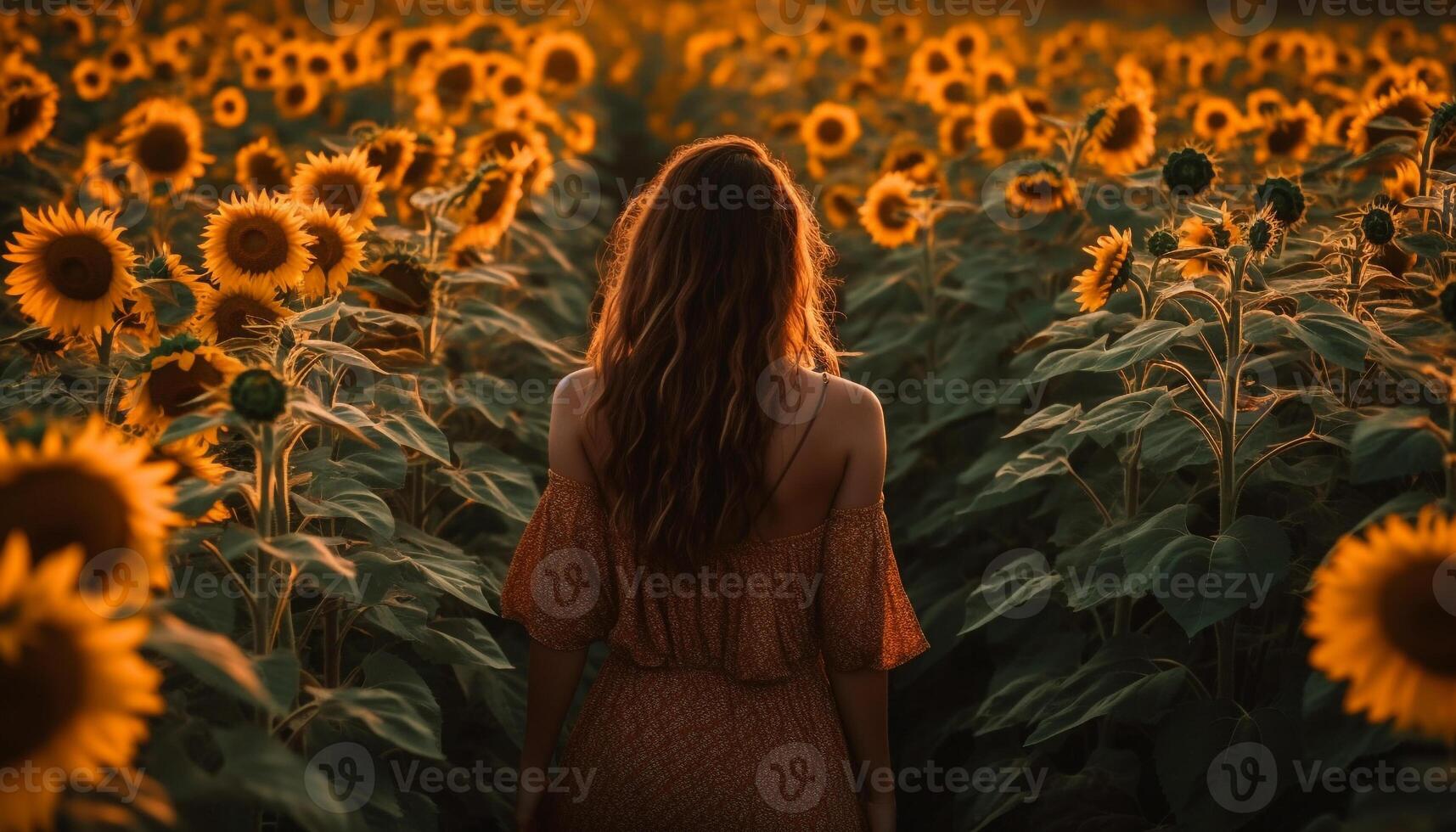 A young woman stands in a sunflower meadow at sunset generated by AI photo