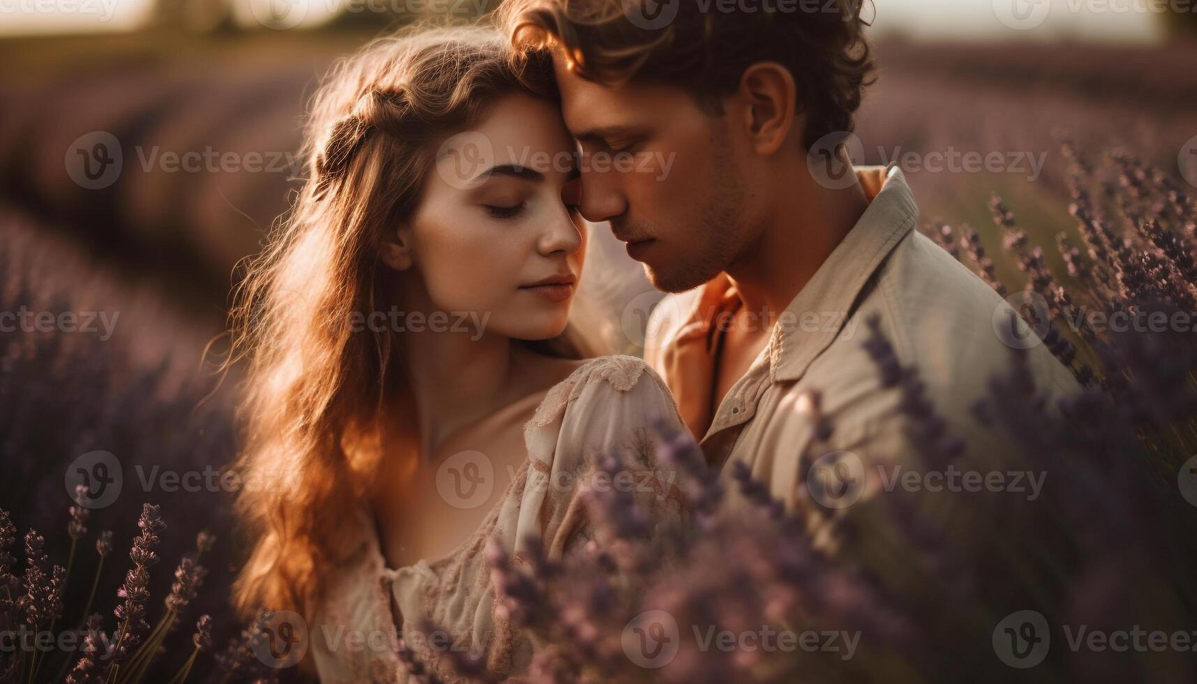 A young couple embraces in the beauty of a summer sunset generated by AI photo