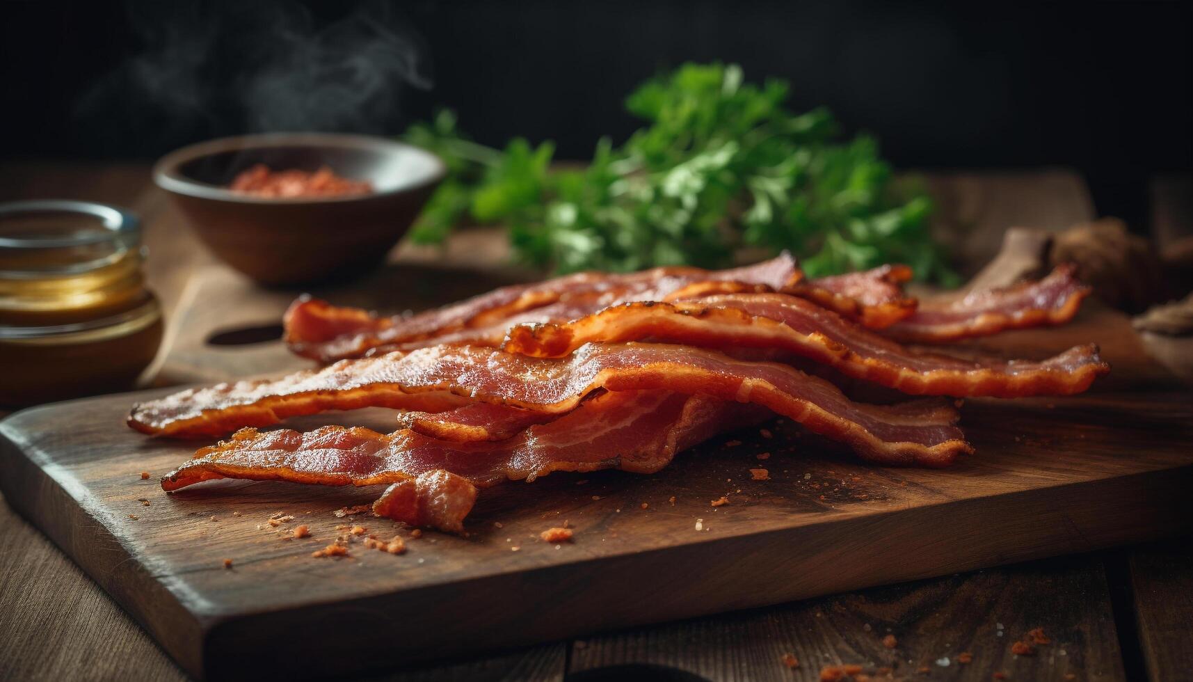 un A la parrilla tocino aperitivo en un de madera corte tablero generado por ai foto