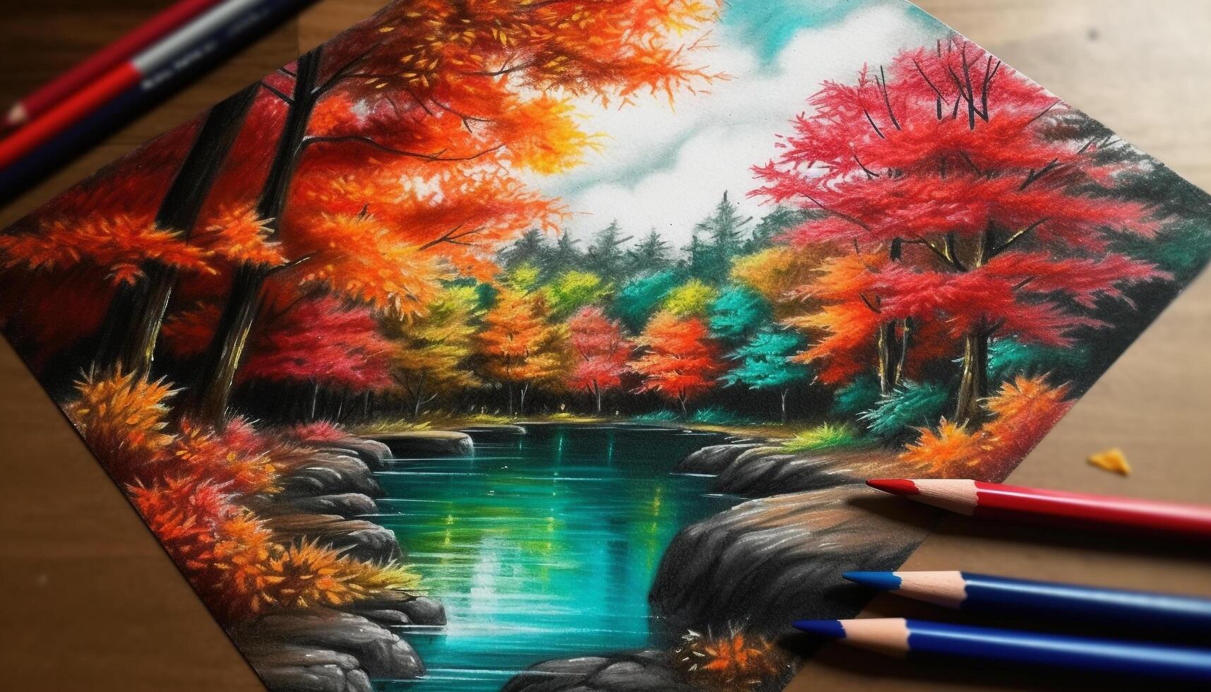 Vibrant autumn leaves painted with acrylic on a forest landscape generated by AI photo