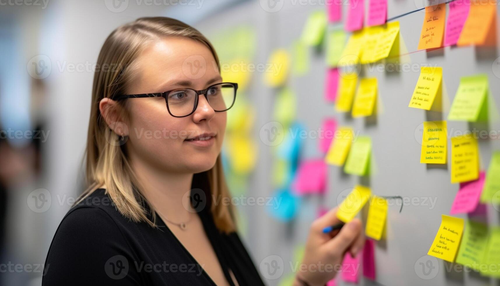 One successful businesswoman brainstorming new ideas with adhesive notes generated by AI photo