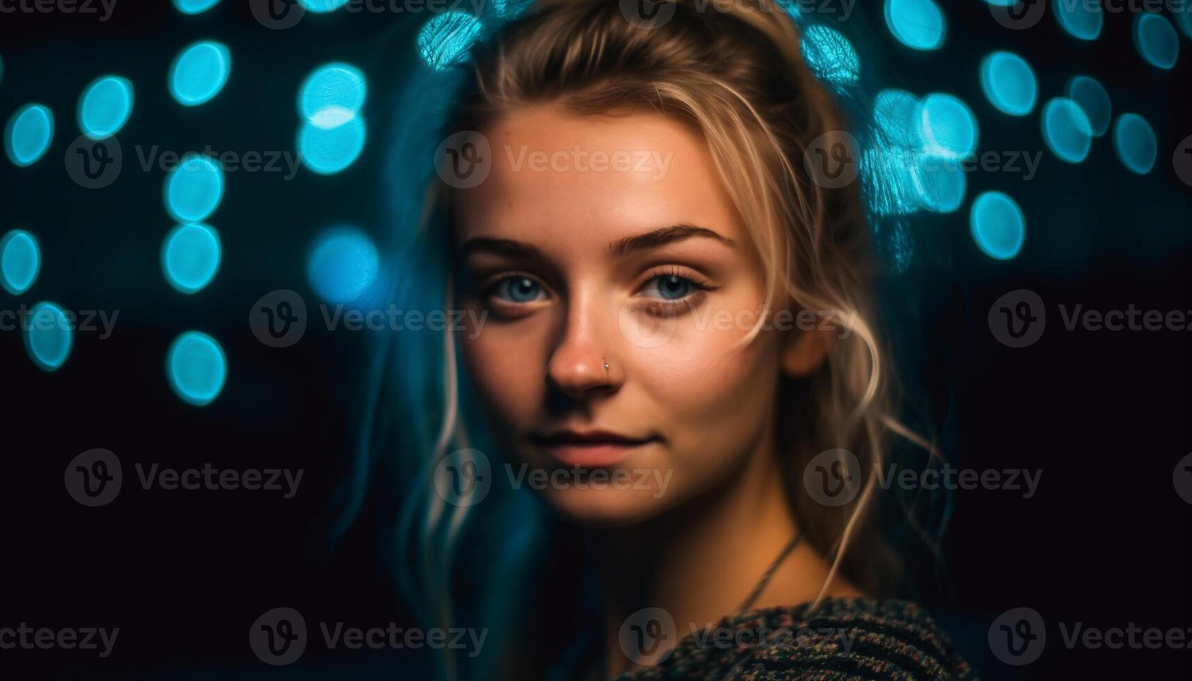 Beautiful young woman with glowing elegance, looking at camera cheerfully generated by AI photo