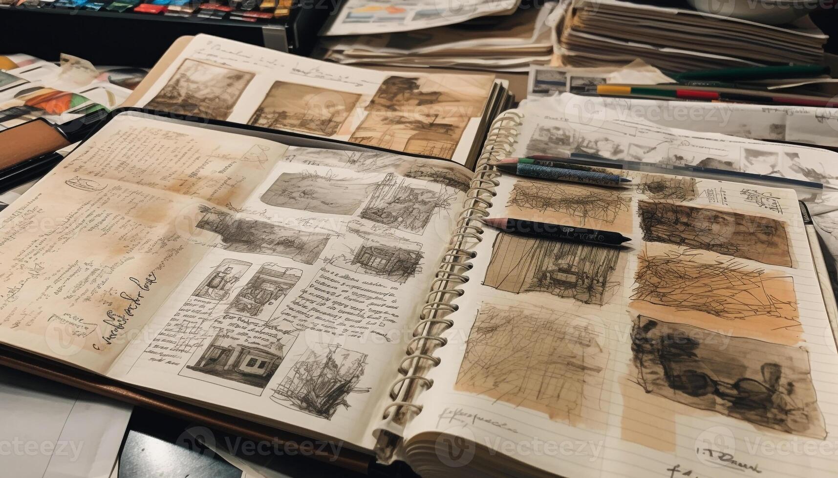 Antique literature collection on messy desk tells history through documents generated by AI photo