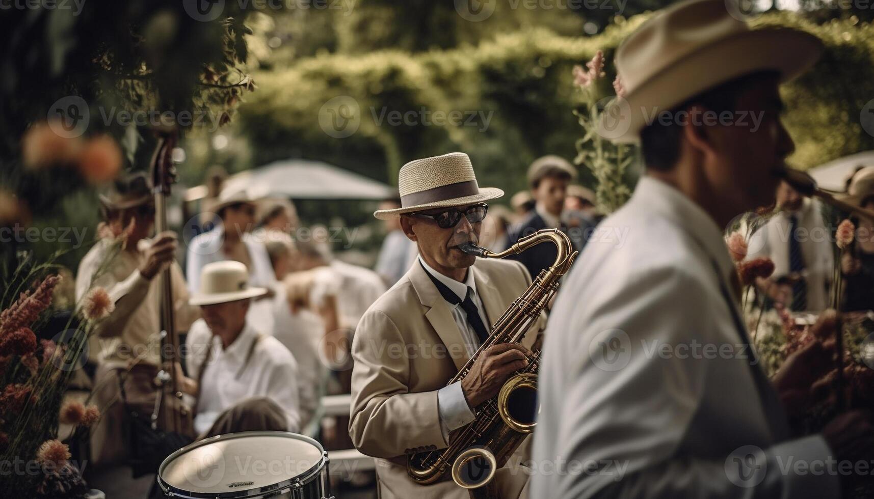 A group of musicians holding flutes blowing in a parade generated by AI photo