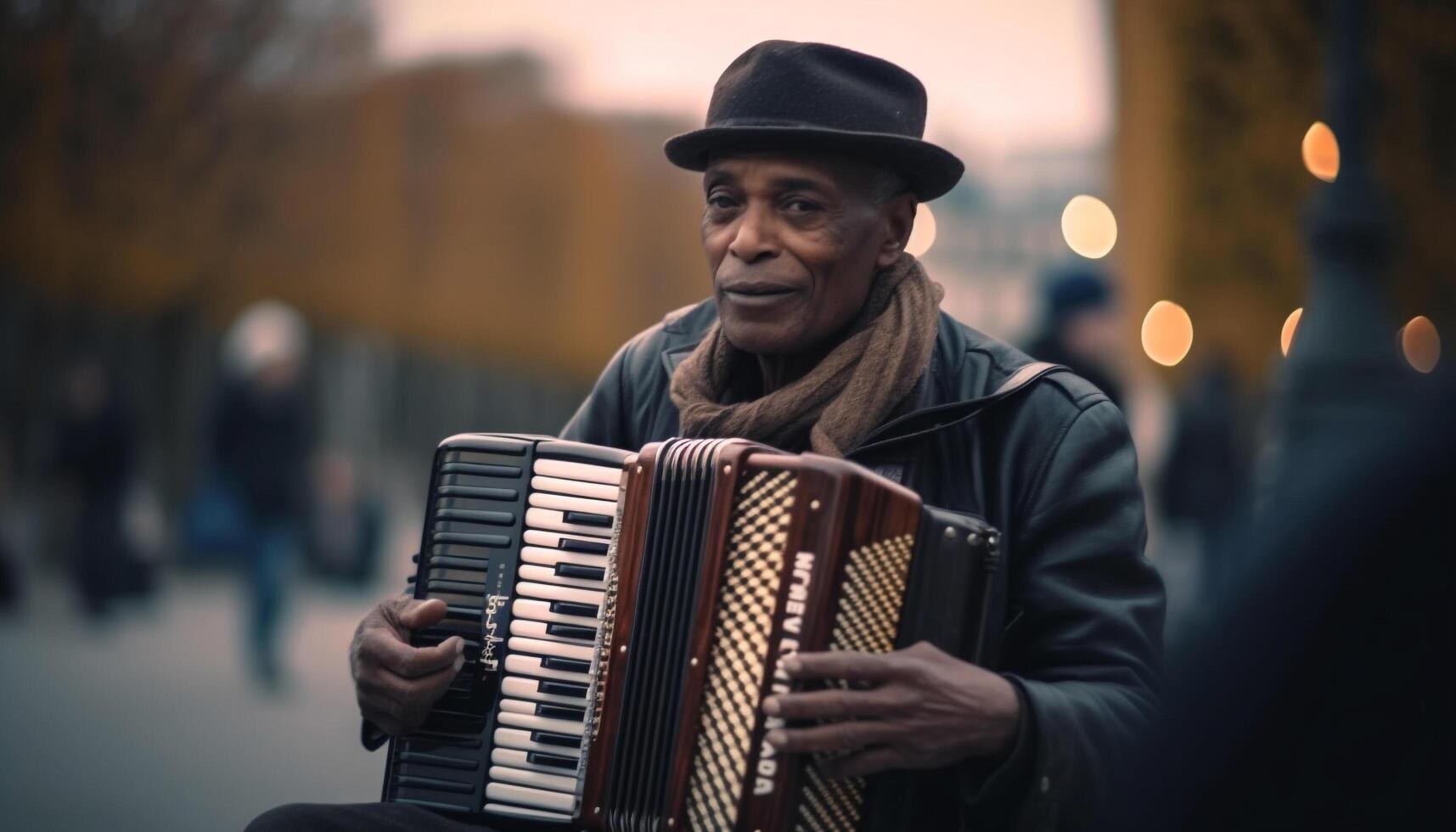 uno hombre, un guitarrista, hábilmente obras de teatro su acústico guitarra al aire libre generado por ai foto