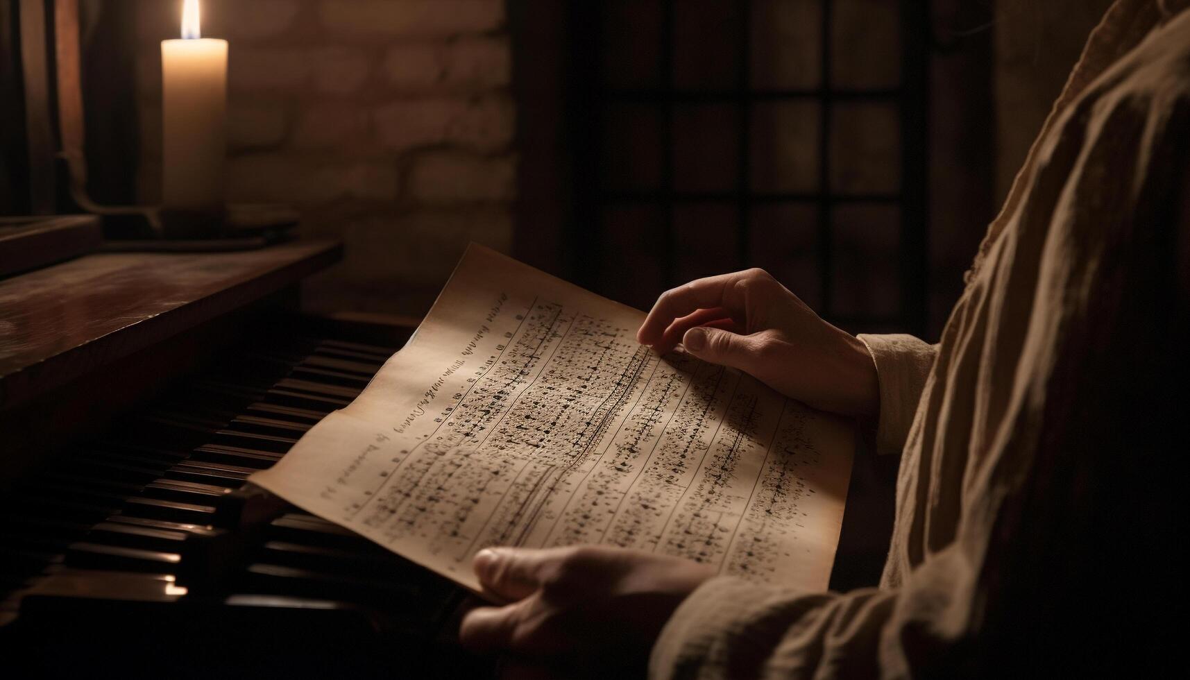 The pianist illuminated table held sheet music for classical music generated by AI photo