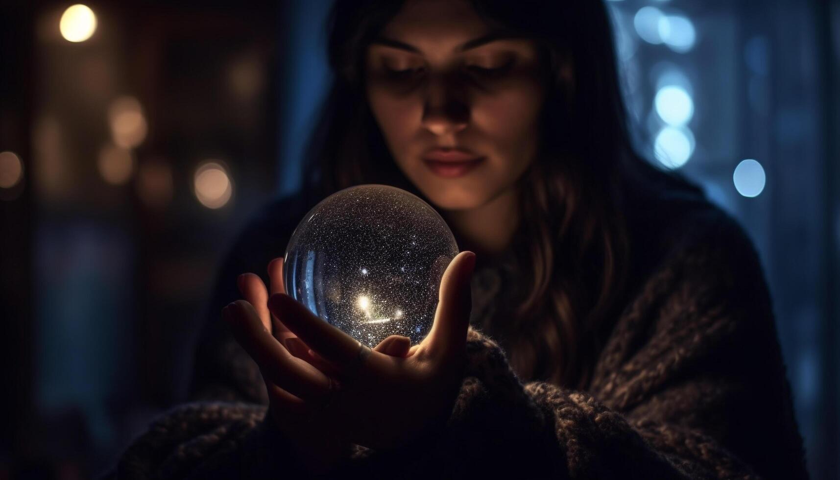 The young adult woman holds a glowing sphere, looking cheerful generated by AI photo