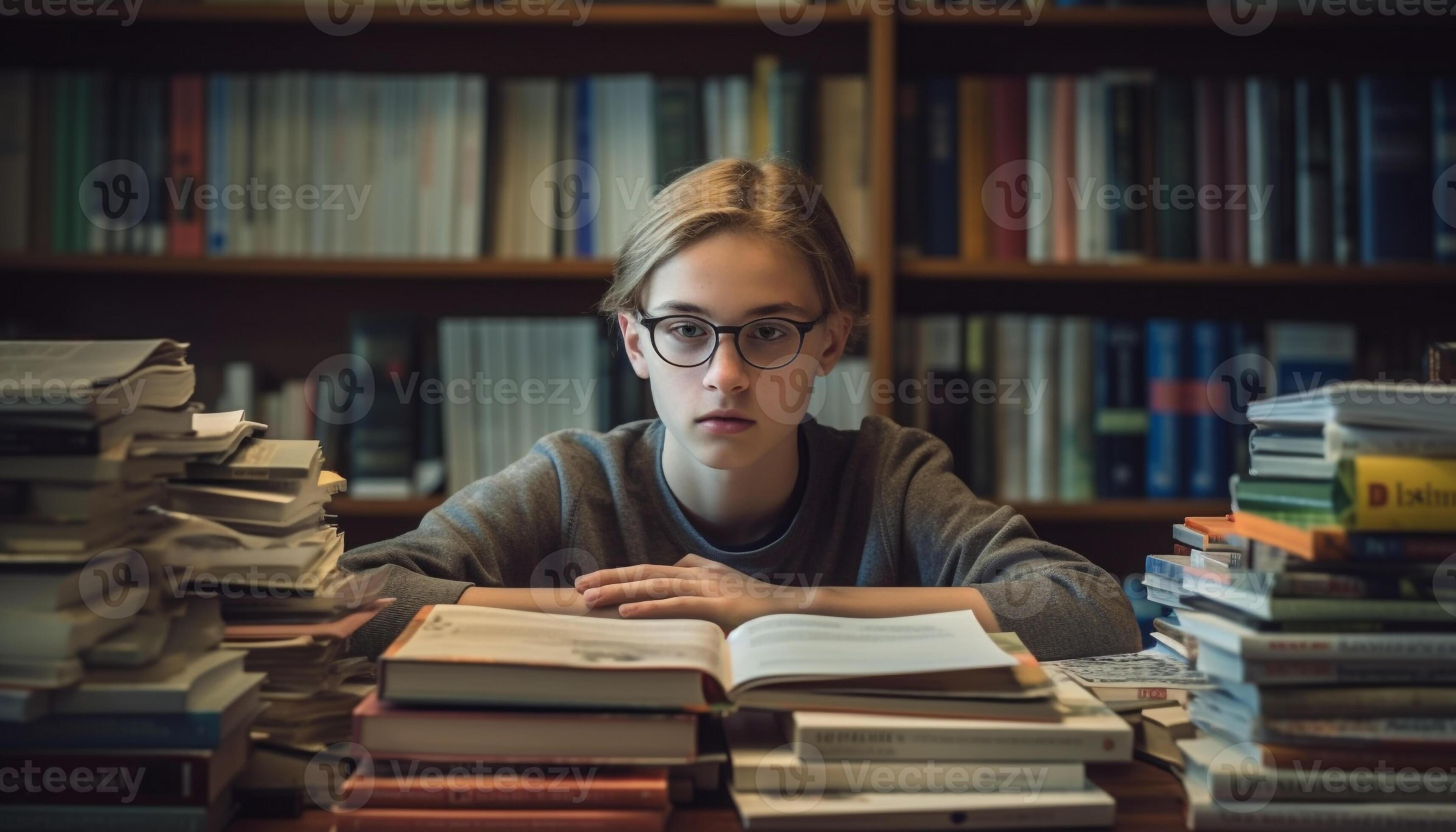 The studious student reads literature in the library bookshelf