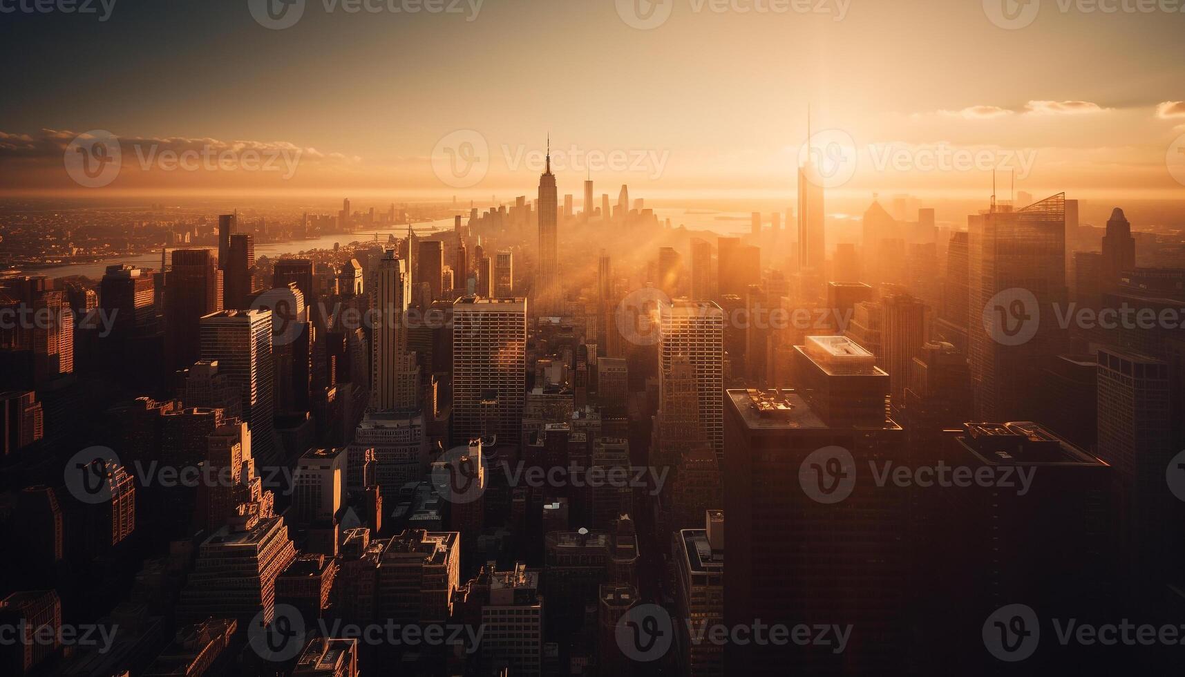 Silhouette of skyscrapers against backlit sunset in financial district generated by AI photo