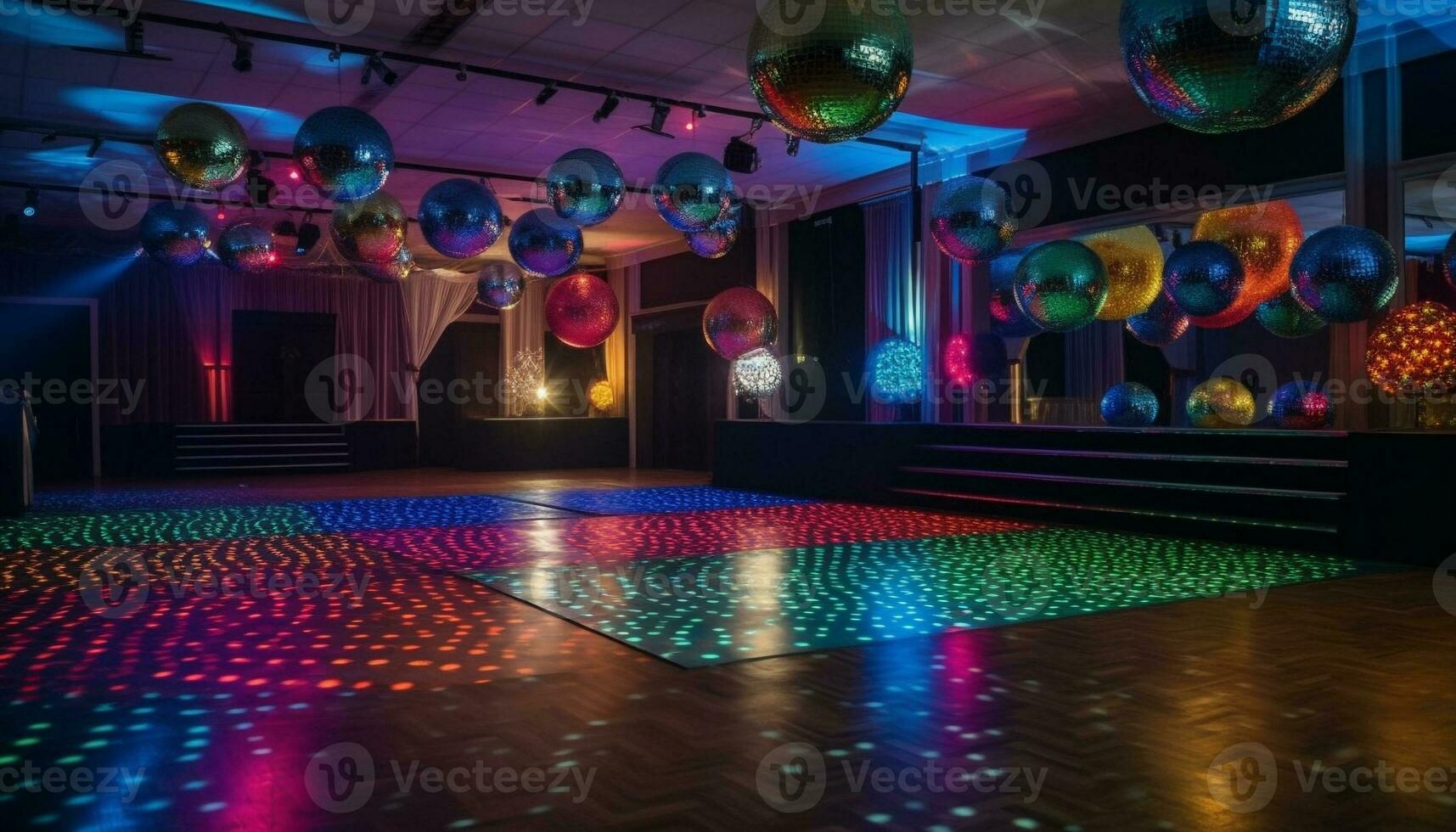 Vibrant nightclub with modern decoration, disco ball and multi