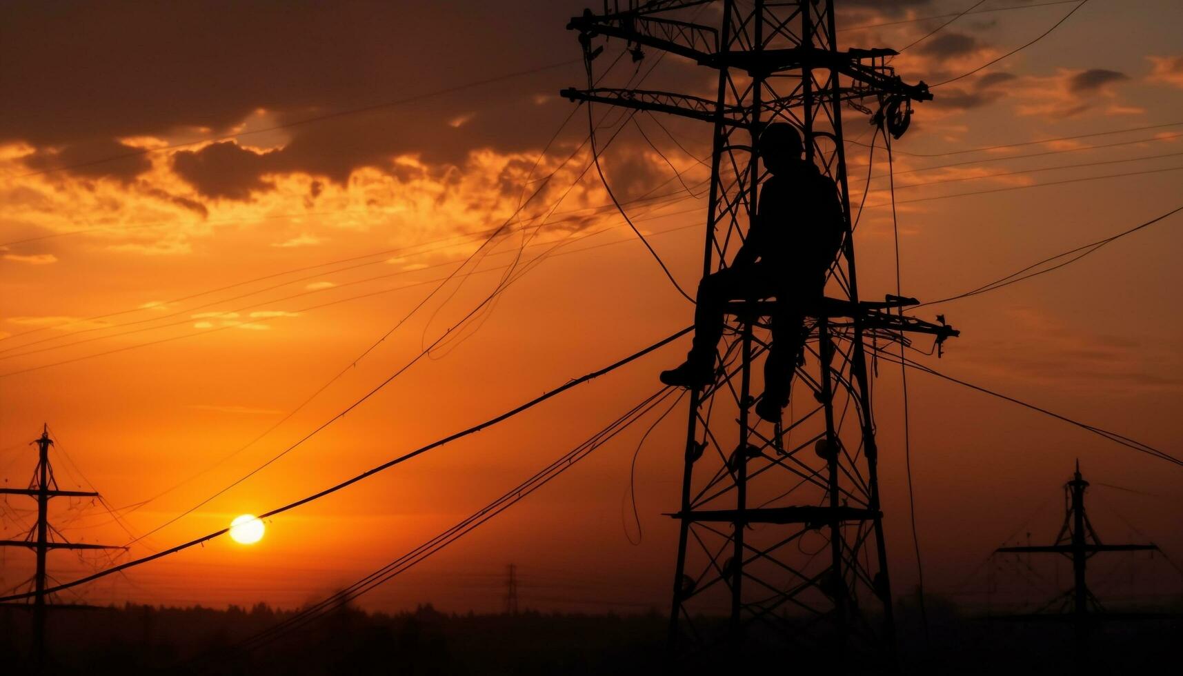 Silhouette of power line and electricity pylon at sunset 25495787 Stock